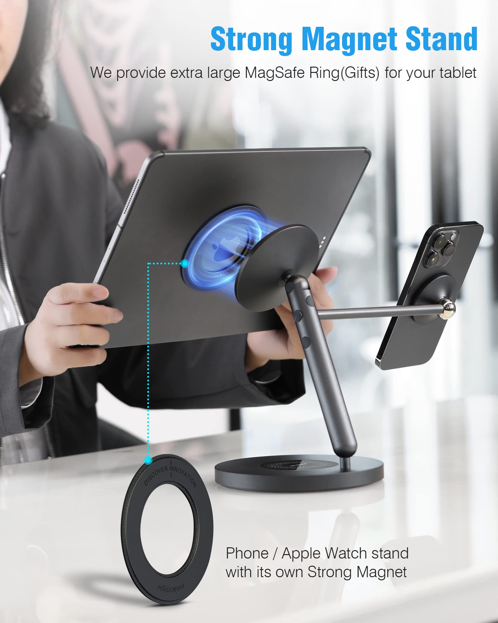 Nillkin 4-in-1 Magnetic Tablet Stand with MagSafe Ring - 360° Rotating Aluminum Phone Stand for iPhone, iPad, Apple Watch & AirPods (5-13 Inch) - Perfect for Desk, Office, Home & Travel Use