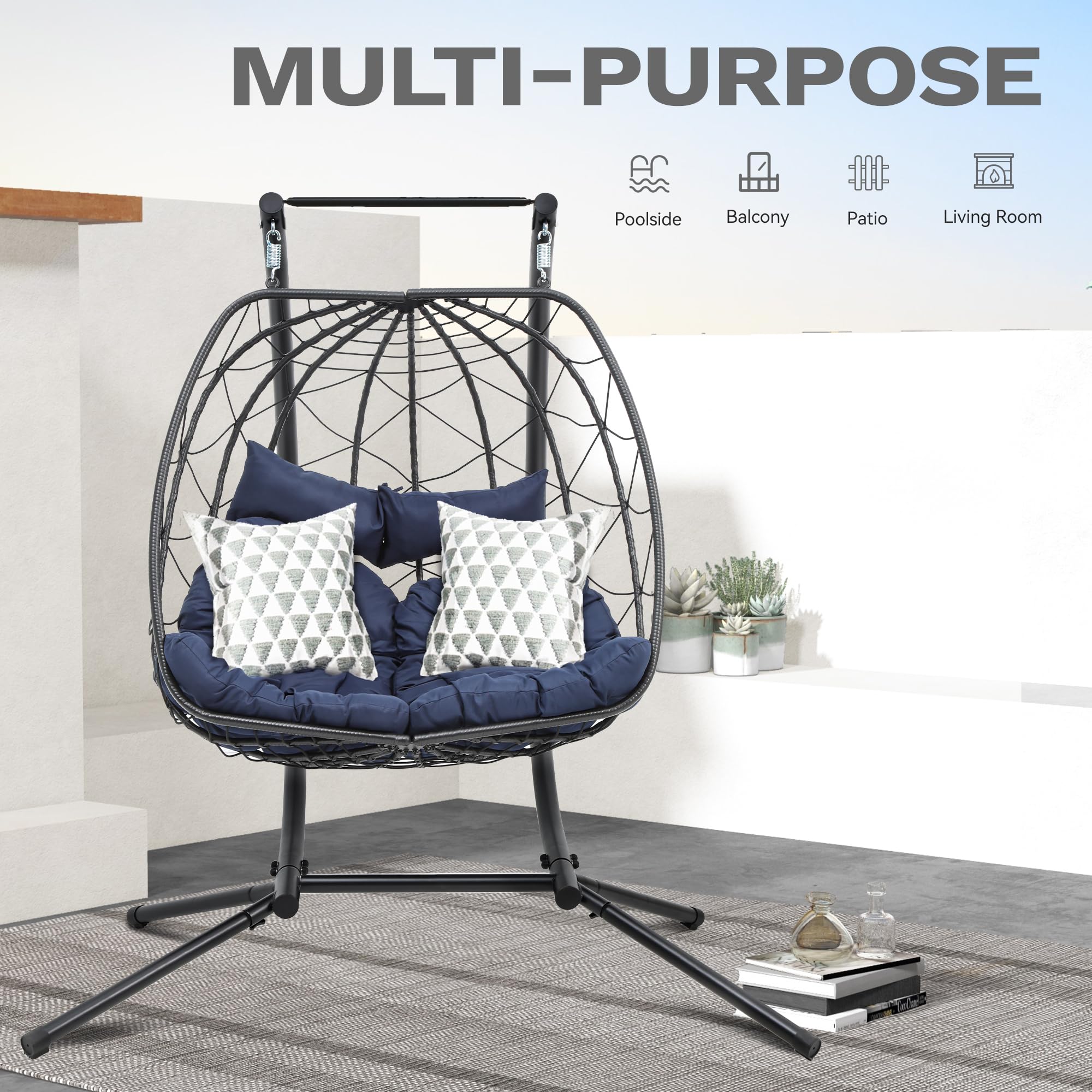 DWVO Double Egg Hanging Swing Chair with Stand - 500lbs Capacity Wicker Egg Chair for Indoor & Outdoor Use - Includes Cushions for Patio, Bedroom, Garden, Balcony - Perfect for Relaxing, Reading & Lounging (Blue)