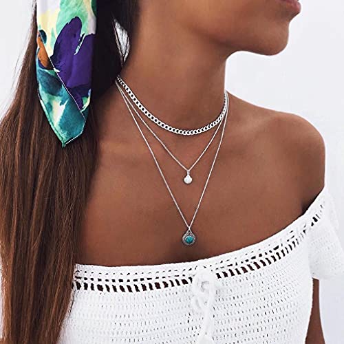 Vintage Turquoise Pendant Necklace for Women - Adjustable Silver Shell Choker with Layered Chain - Perfect for Boho Outfits, Beach Parties & Everyday Wear