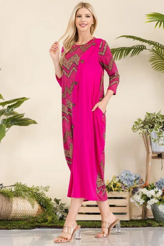Celeste Full Size Geo Print Paneled Dress with Buttons - Plus Size Floral Dress for Women | Perfect for Weddings, Parties & Special Occasions