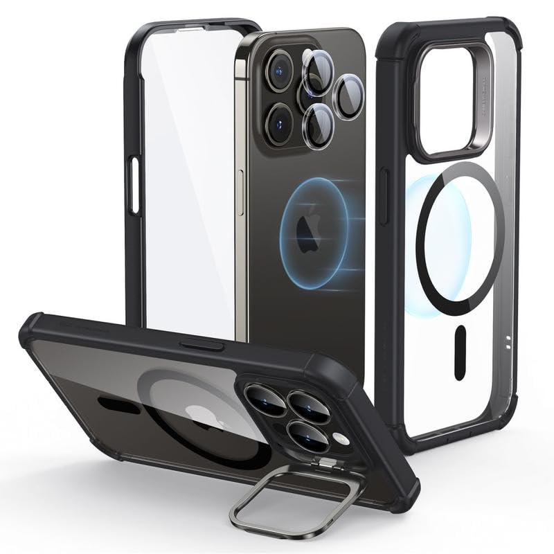 ESR Armor Series Magnetic Shockproof Case for iPhone 15 Pro - Full Body Protection with Built-in Stash Stand & Lens Protectors | Magsafe Compatible Clear Black Phone Cover for Work, Travel & Outdoor Activities