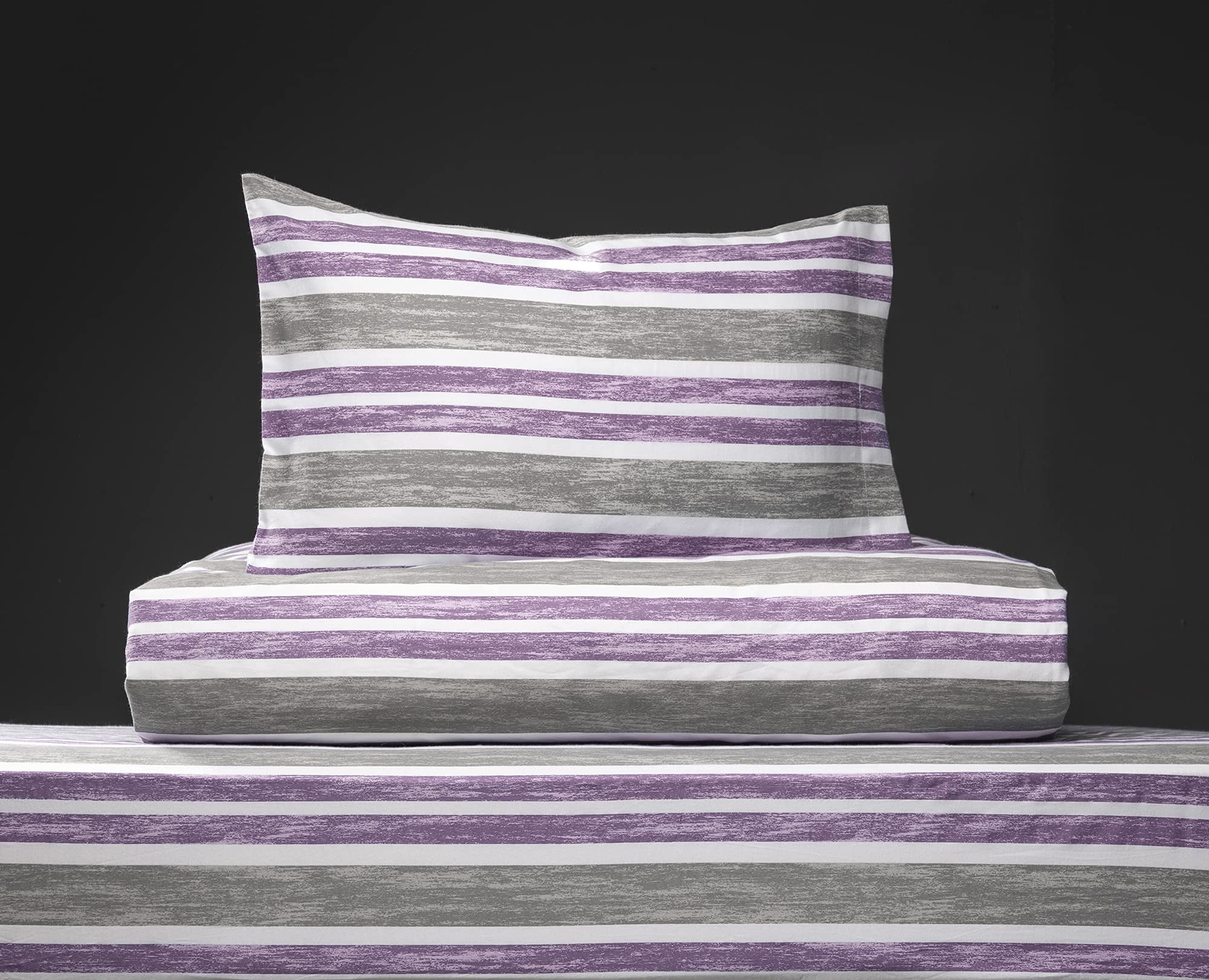 XLNT Twin Size Bedding Set - 6 Piece Duvet Cover, Comforter Cover, Bed Sheet & Pillowcases | Soft Cotton Blend | Machine Washable | Cabana Stripe Lilac Design | Perfect for Kids Rooms, Guest Beds & Dorm Decor