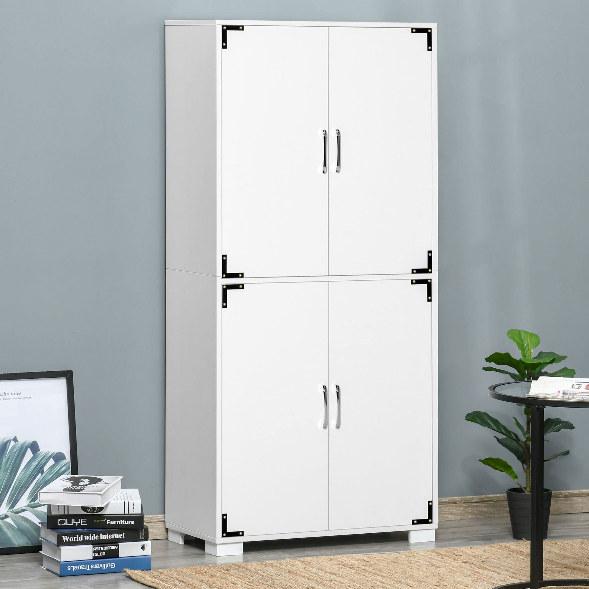 HOMCOM 4-Door Industrial Kitchen Pantry Cabinet with Adjustable Shelves, Freestanding Storage Organizer for Pantry, Laundry Room, Garage - White