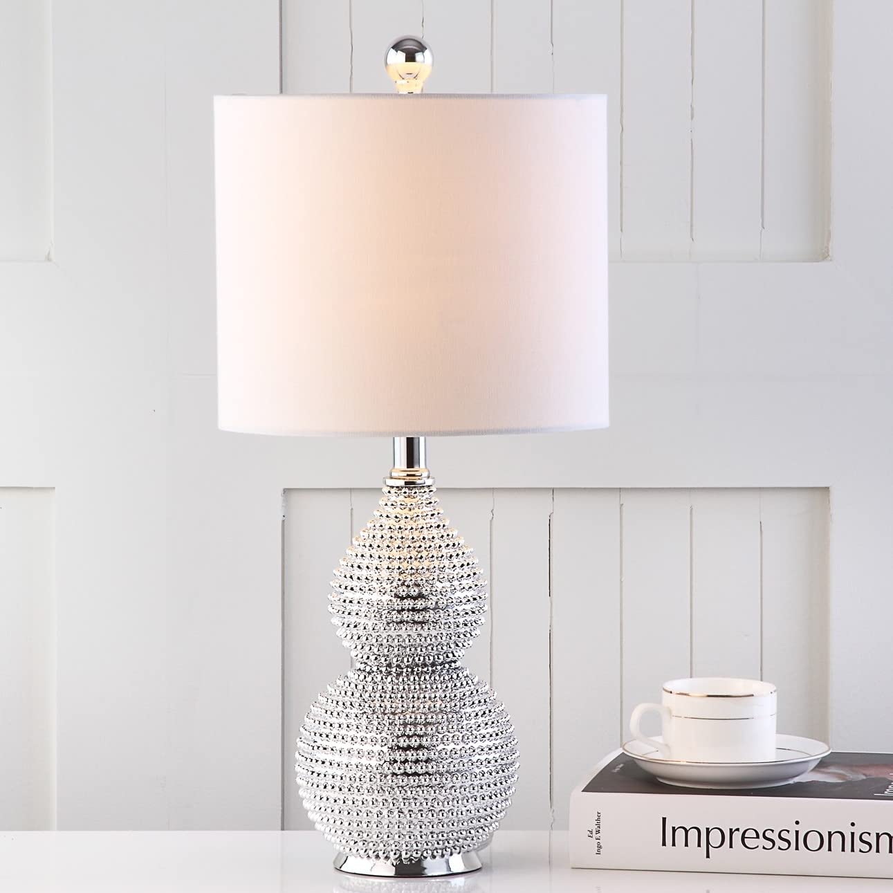 Safavieh Clarabel 20-inch Silver Chrome Studded Table Lamp with LED Bulb - Modern Bedside Nightstand Light for Bedroom, Living Room & Home Office - Perfect for Reading, Working & Ambient Lighting