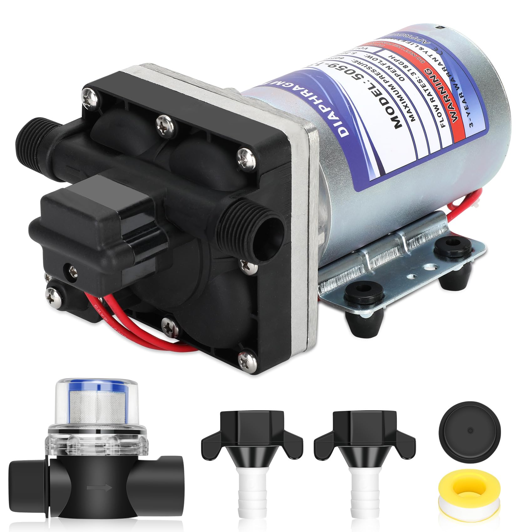 5.3 GPM Automatic Demand 12VDC Diaphragm Pump with 60 PSI Pressure Switch - Viton Valves, Self-Priming, 1/2
