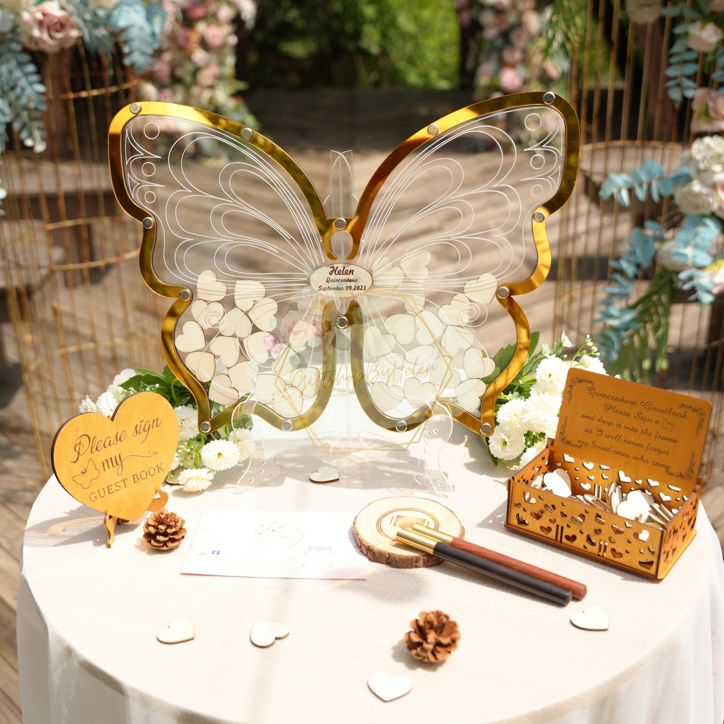 Personalized Butterfly Guest Book for Quinceañera & Sweet 15 - Wooden Heart Wedding Guest Book with Butterfly Frame for Signing - Perfect for Wedding Receptions, Quinceañeras, and Birthday Celebrations