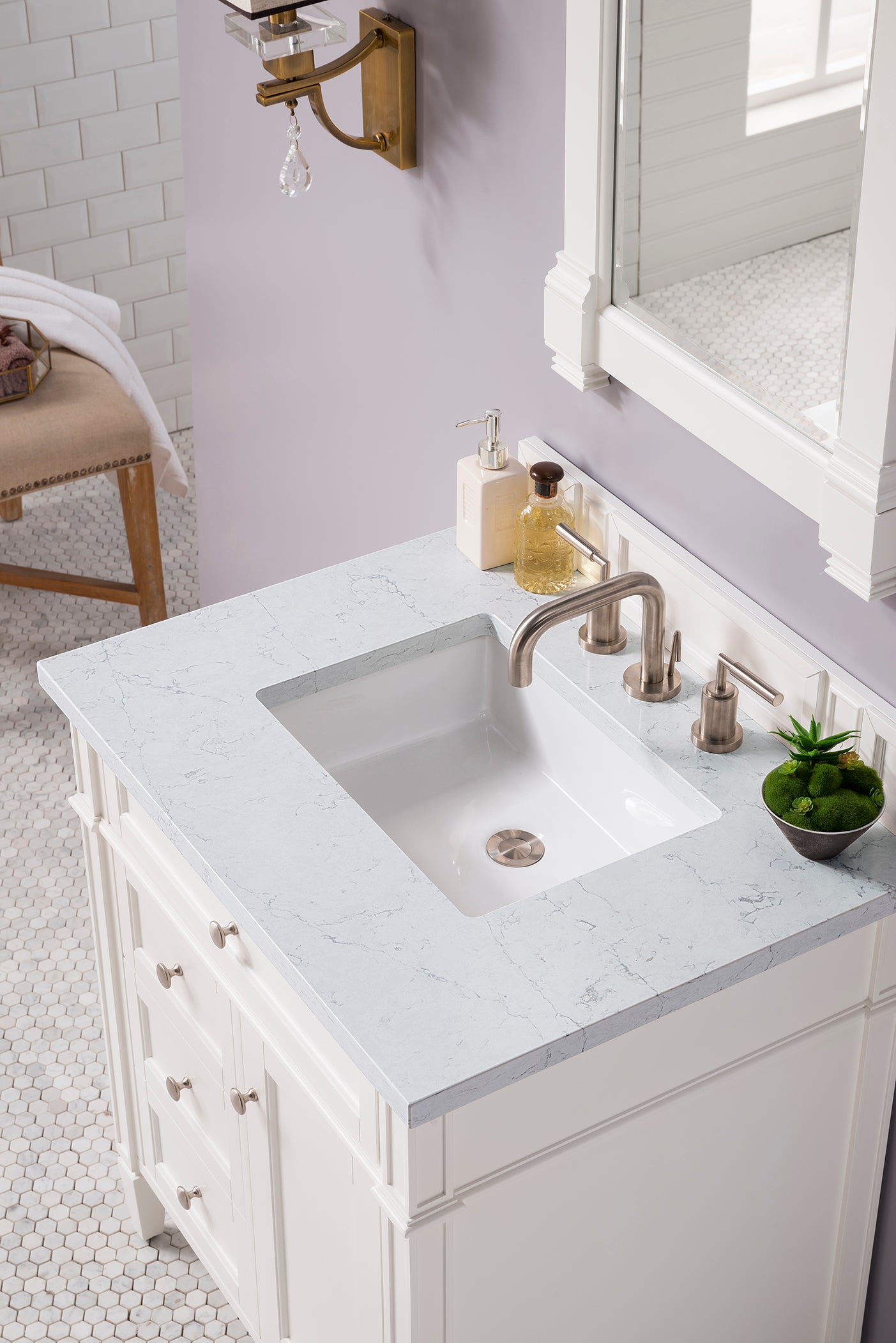 Brittany 30-Inch Single Bathroom Vanity Set with 3CM Eternal Jasmine Pearl Quartz Countertop - Bright White Finish | Perfect for Small Bathrooms, Powder Rooms & Master Baths