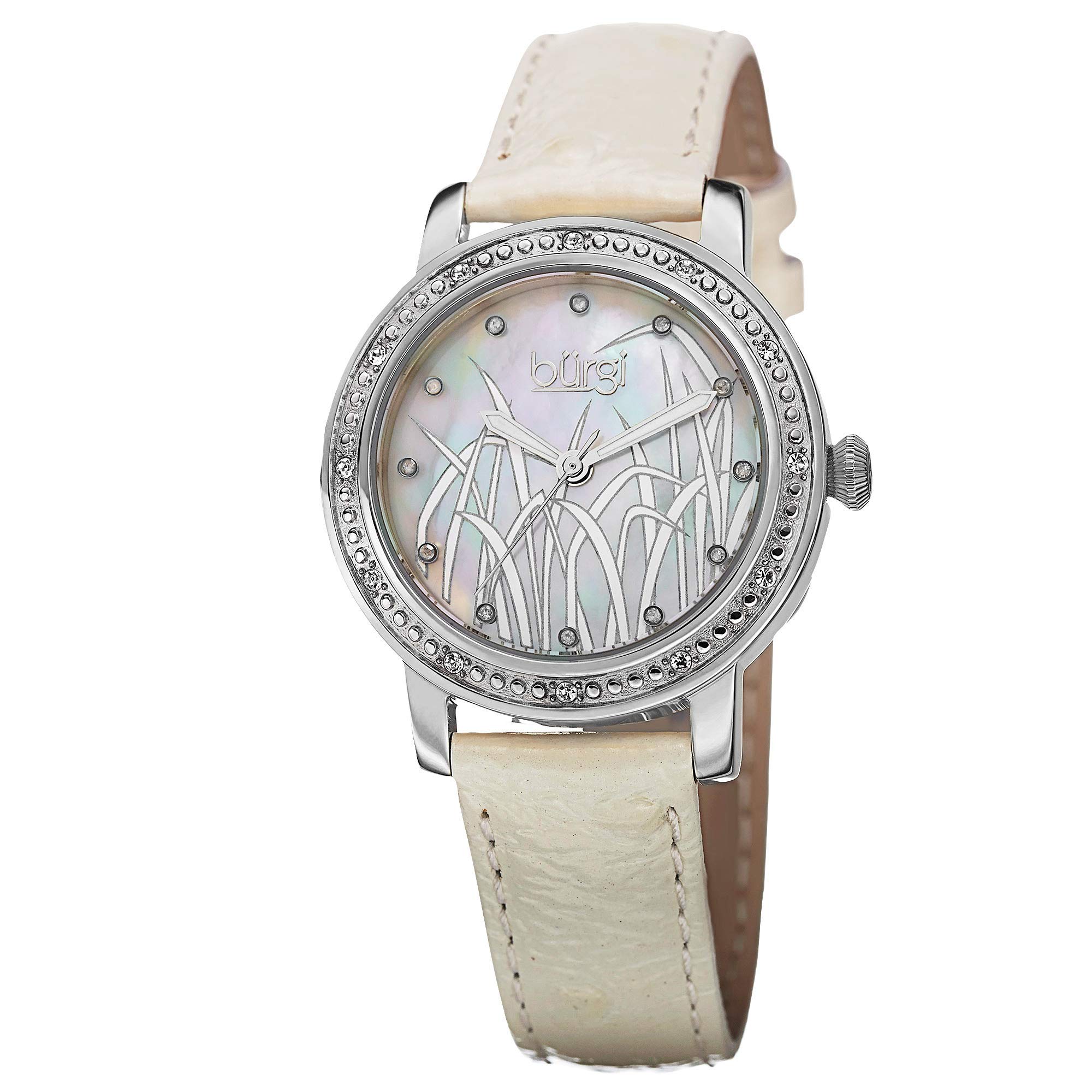 Burgi Women's Mother of Pearl Watch - Genuine Diamond Accents, Leather Strap, Elegant Landscape Dial - Perfect for Office, Parties & Special Occasions - BUR096