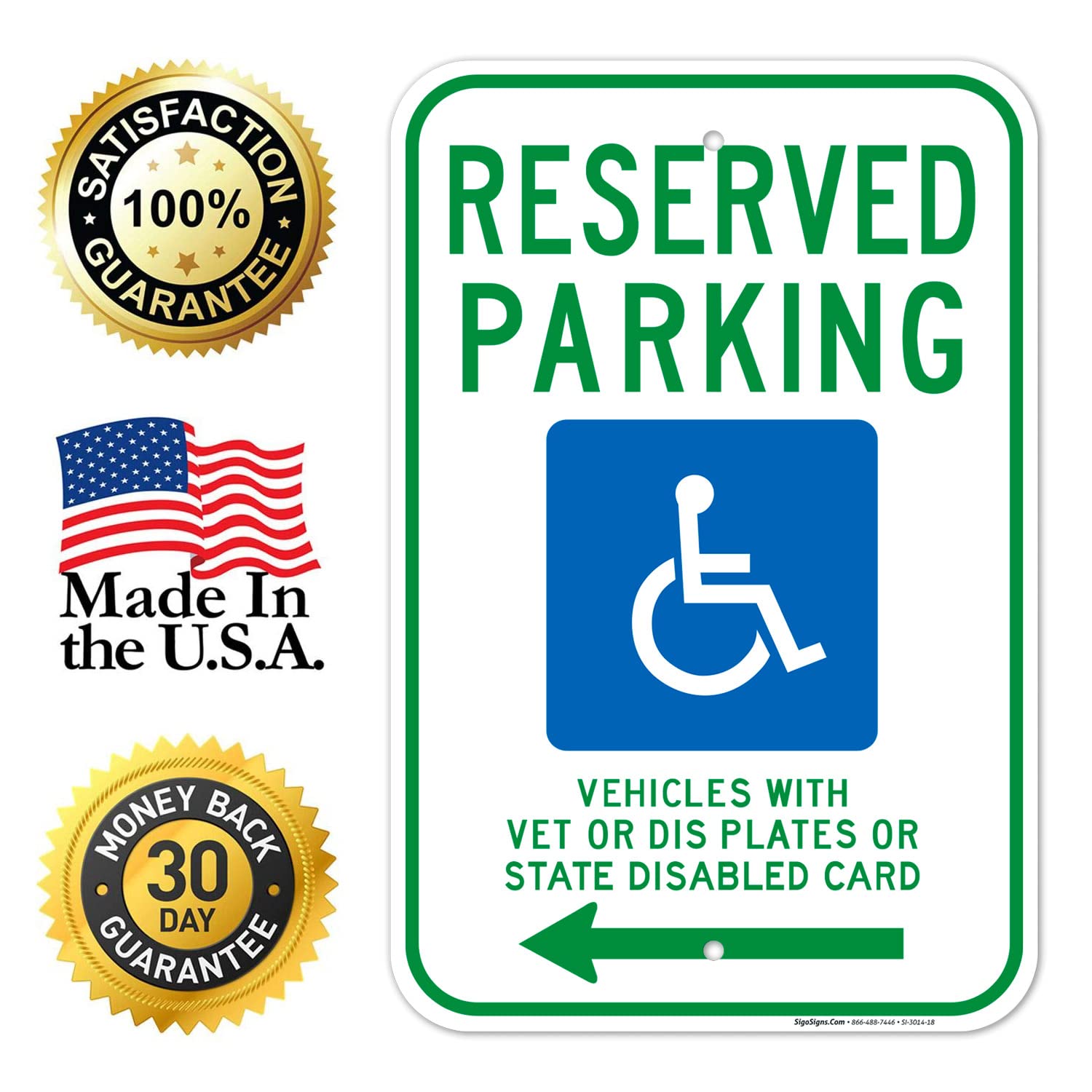 Wisconsin Handicap Parking Sign - Reserved Parking for Vehicles with Vet Plates or State Disabled Card - Left Arrow Design - 12x18 Inches - Rust-Free .063 Aluminum - Fade Resistant - Made in USA - Perfect for ADA Compliant Parking Spaces, Hospitals, and Public Facilities