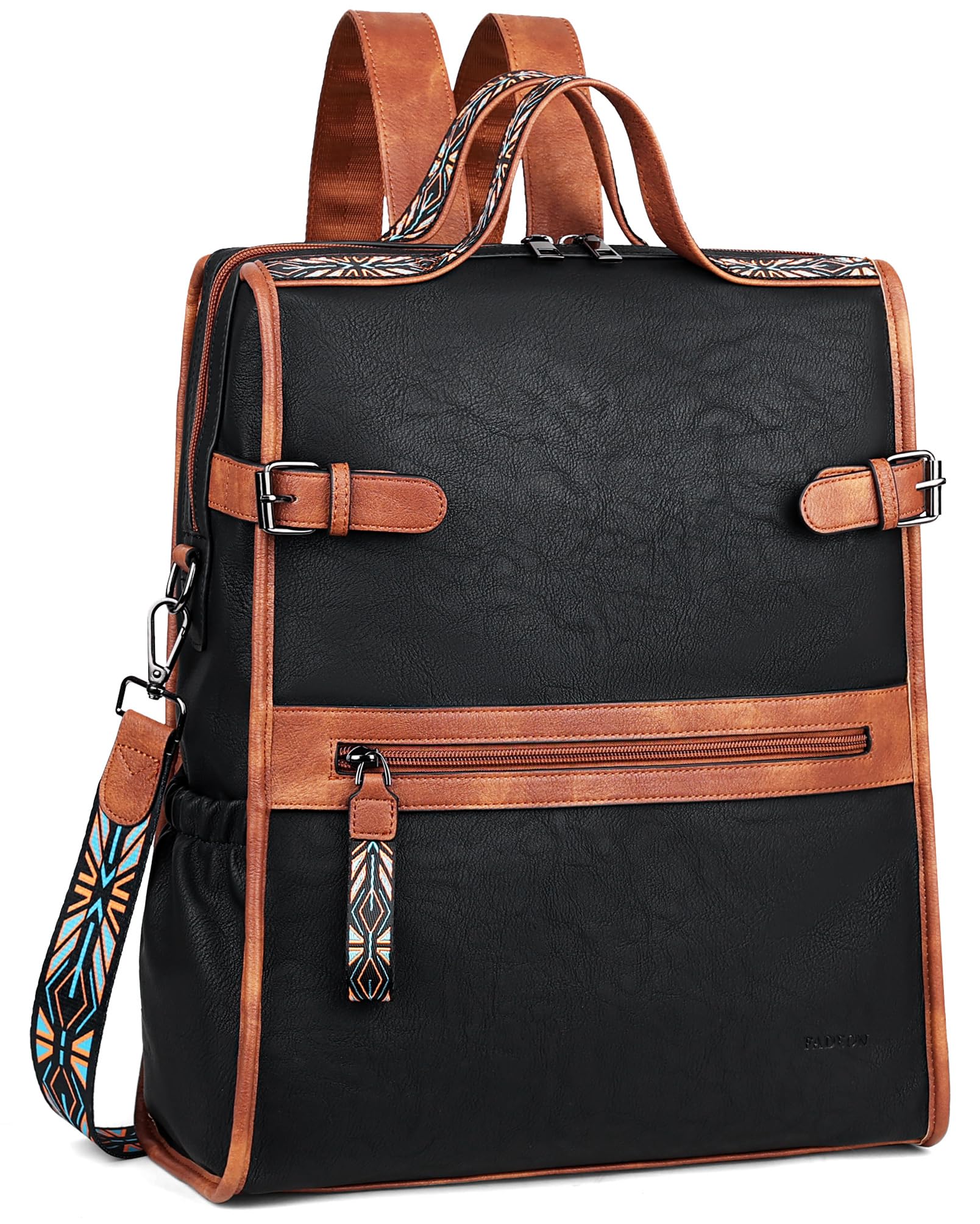 FADEON Genuine Leather Laptop Backpack for Women - Stylish Work & Travel Computer Bag with Padded Laptop Compartment (15.6 Inch) - Black & Brown - Perfect for Business, Commuting & College Use