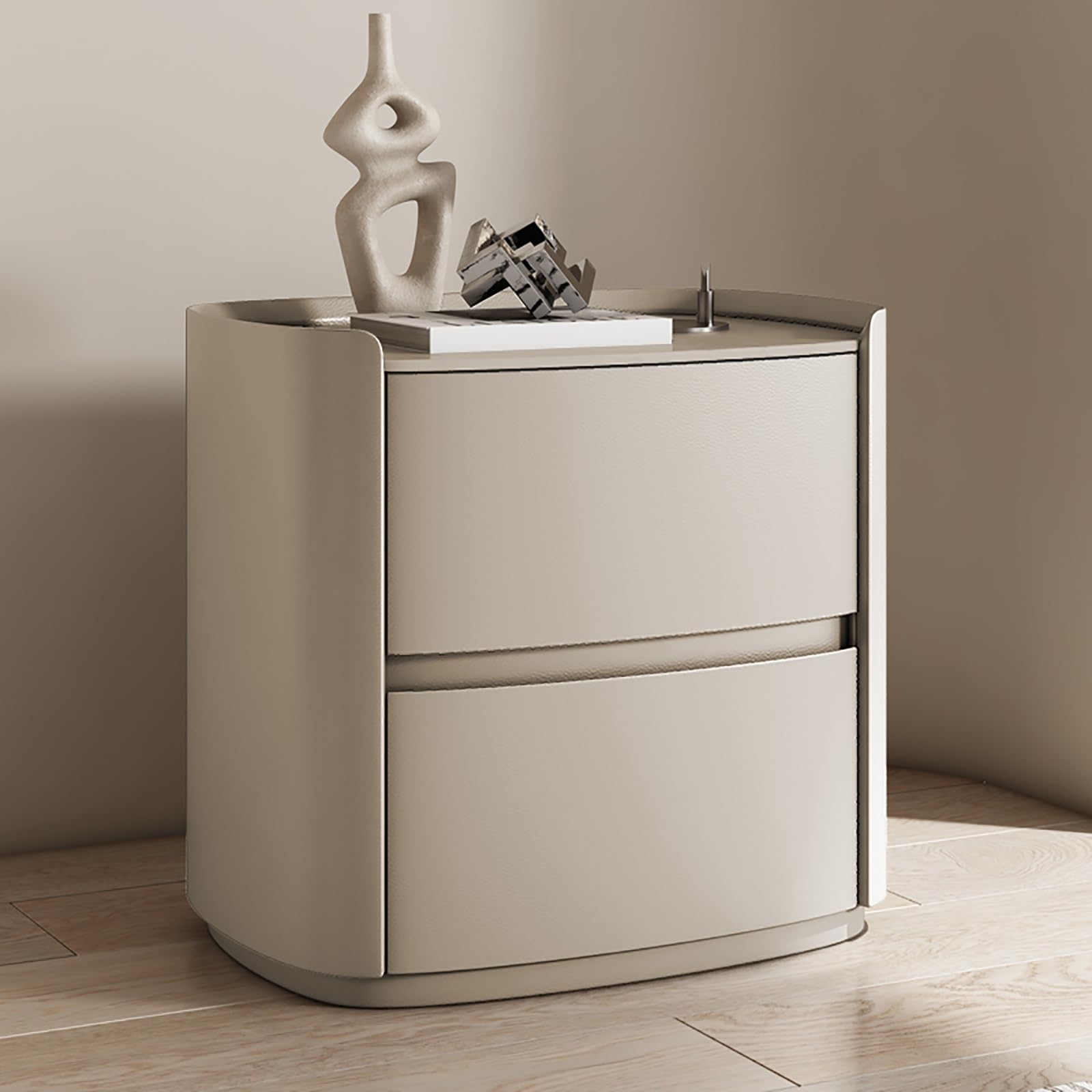 Modern Minimalist Solid Wood Bedside Table with Storage Drawers - Nightstand with Cabinet for Bedroom - White & Khaki Wooden Nightstand - Perfect for Small Spaces, Guest Rooms & Apartment Living