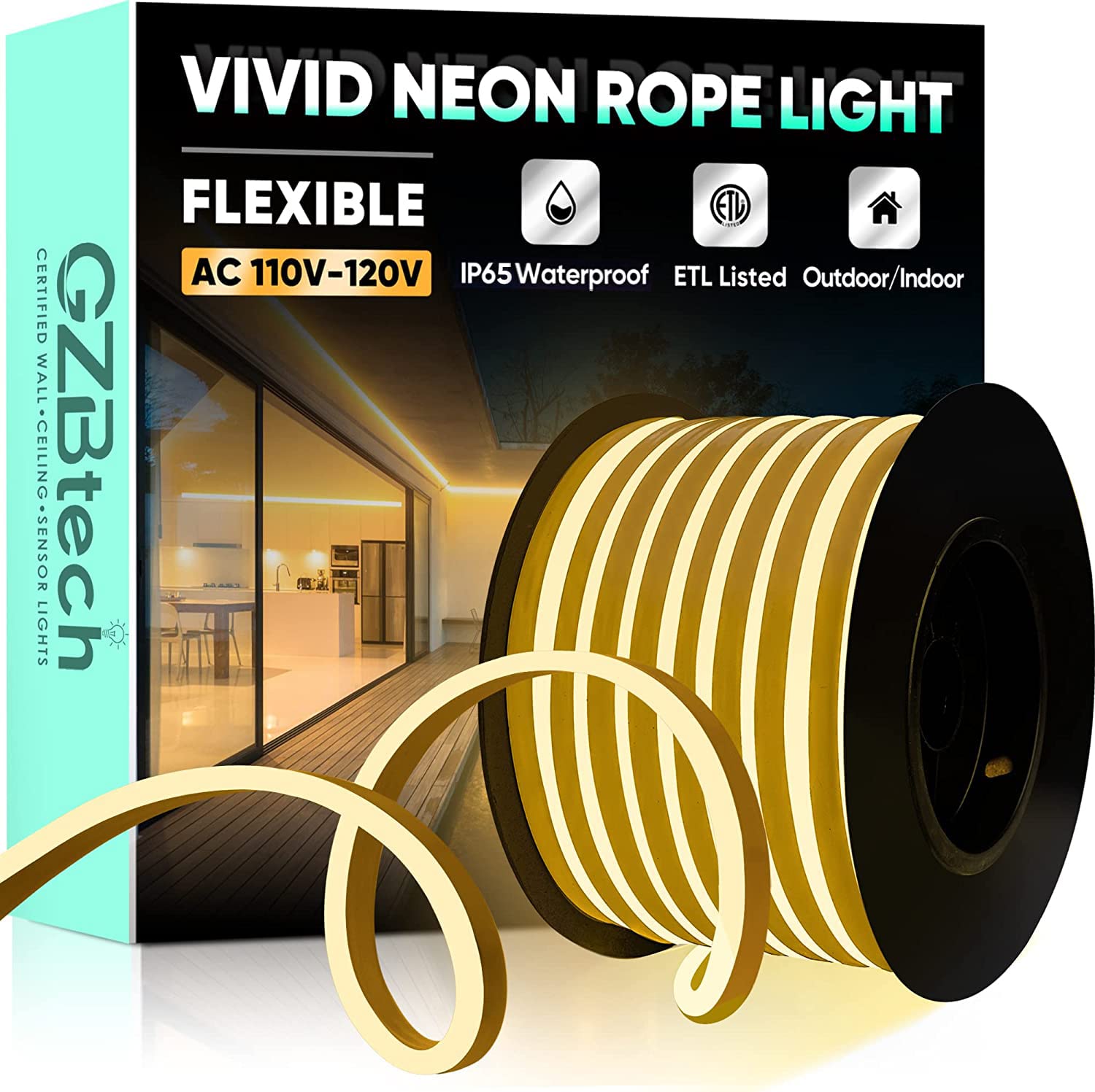 GZBtech 66FT Flexible LED Neon Rope Lights - Waterproof 120V Neon Strip Lighting with 120 LEDs/M (Cuttable & Connectable) for Indoor/Outdoor Home Decor & Commercial Buildings - Warm White 20M - Perfect for Bedroom, Bar, Wedding & Party Decorations