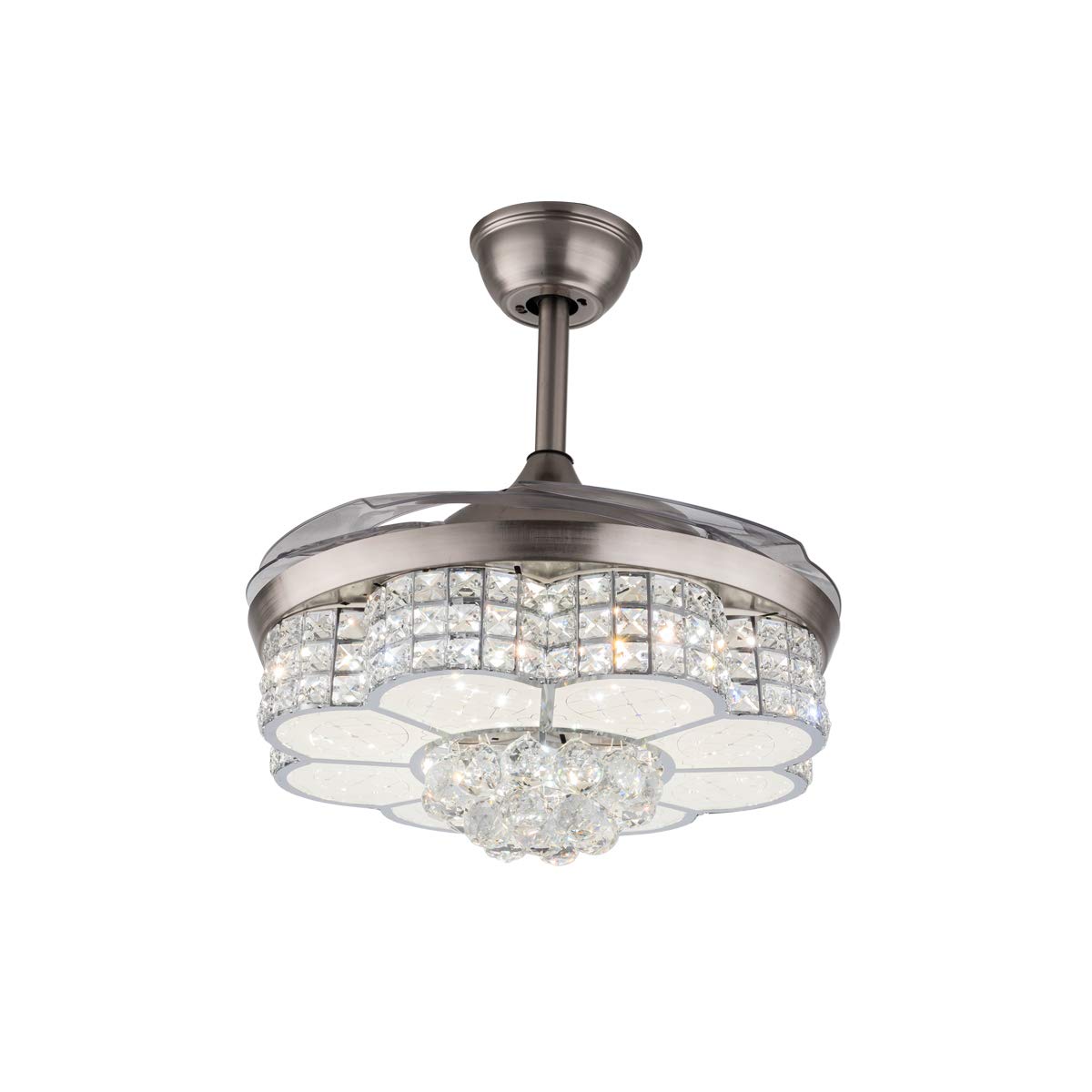 42 Inch Crystal Chandelier Ceiling Light with LED & Retractable Fan Blades - Modern Silver Acrylic Ceiling Lamp for Living Room, Dining Room, Hallway | Perfect for Home Decor, Wedding Venues & Luxury Spaces