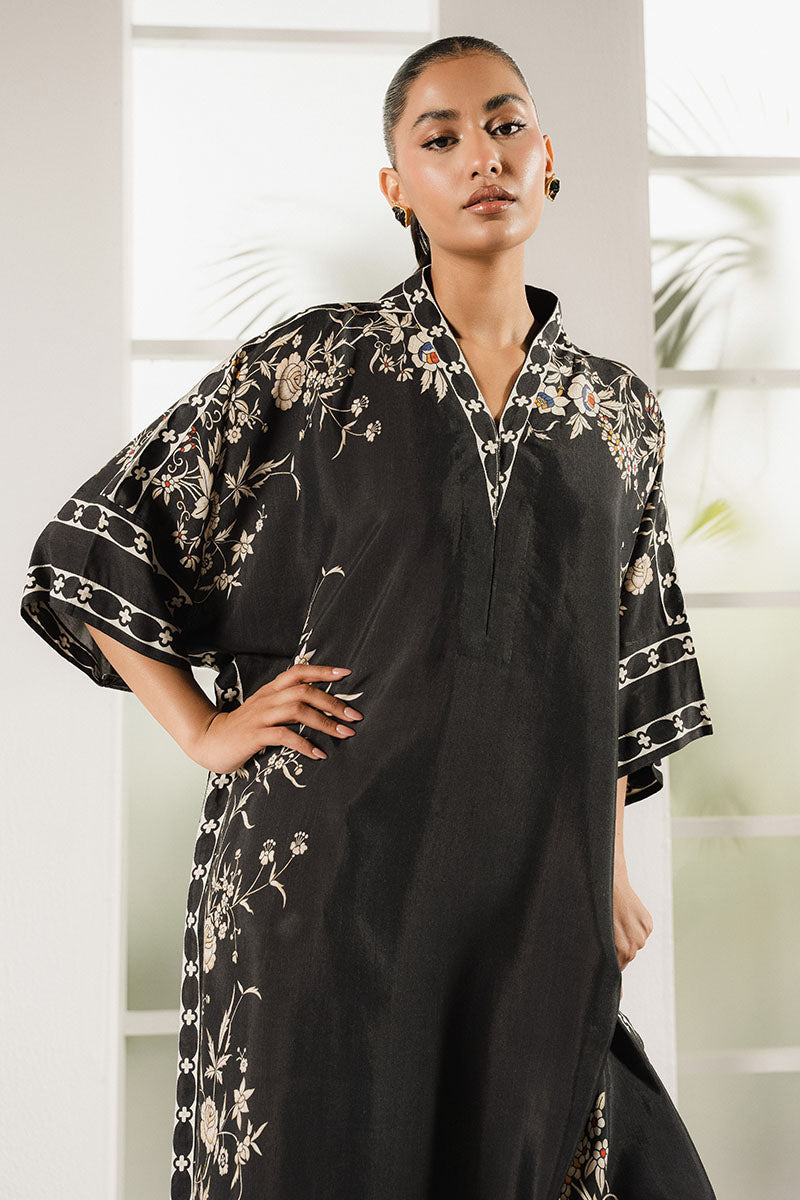 Black Trellis Printed Silk Shirt for Women - Elegant Floral Pattern Blouse for Office, Party & Special Occasions
