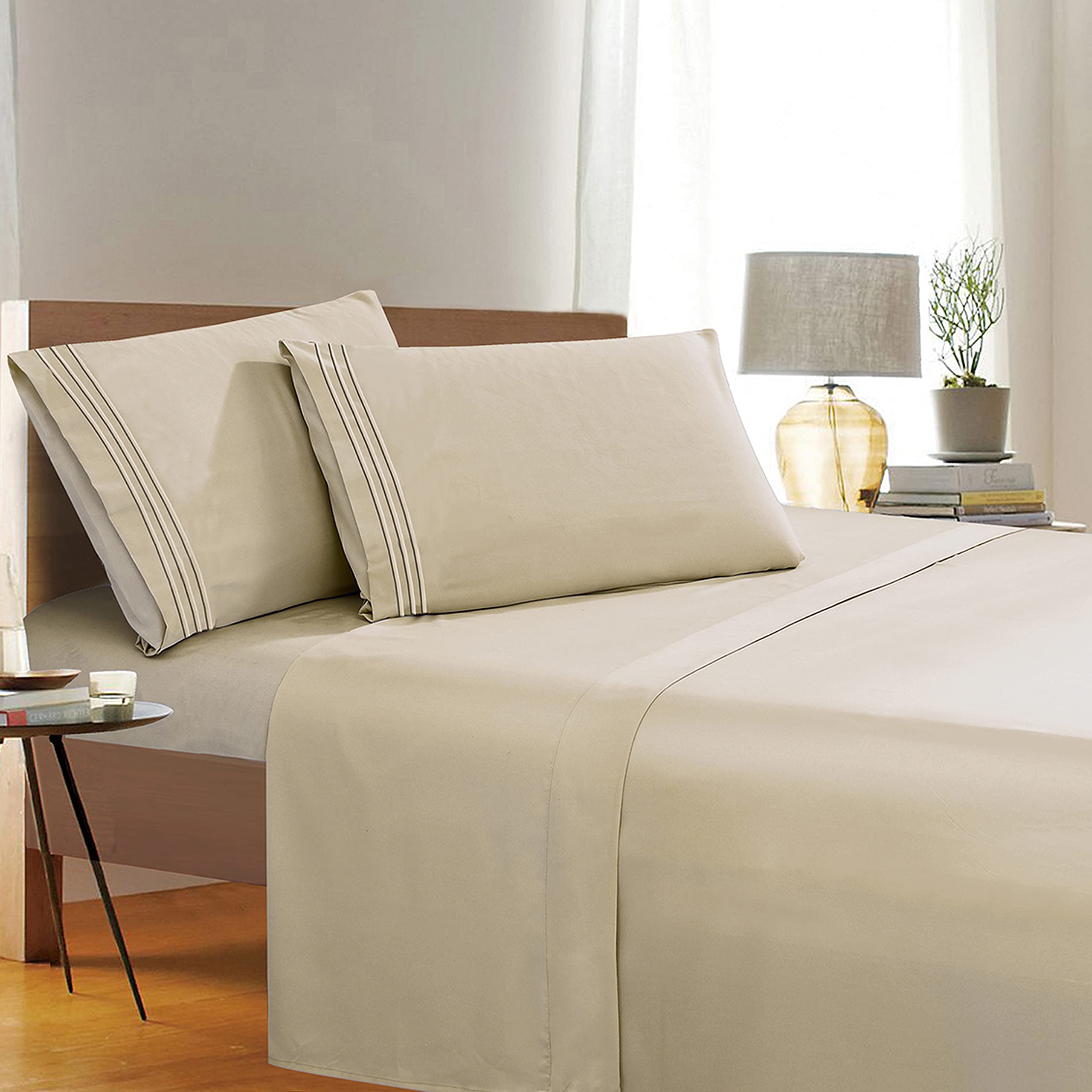 1500 Thread Count Egyptian Cotton 3-Piece Bed Sheet Set - Wrinkle & Fade Resistant, Ultra Soft Luxury Sheets (Includes Flat Sheet, Fitted Sheet & 2 Pillowcases) - Twin/Twin XL Size in Authentic Tan - Perfect for Master Bedrooms, Guest Rooms & Dormitories
