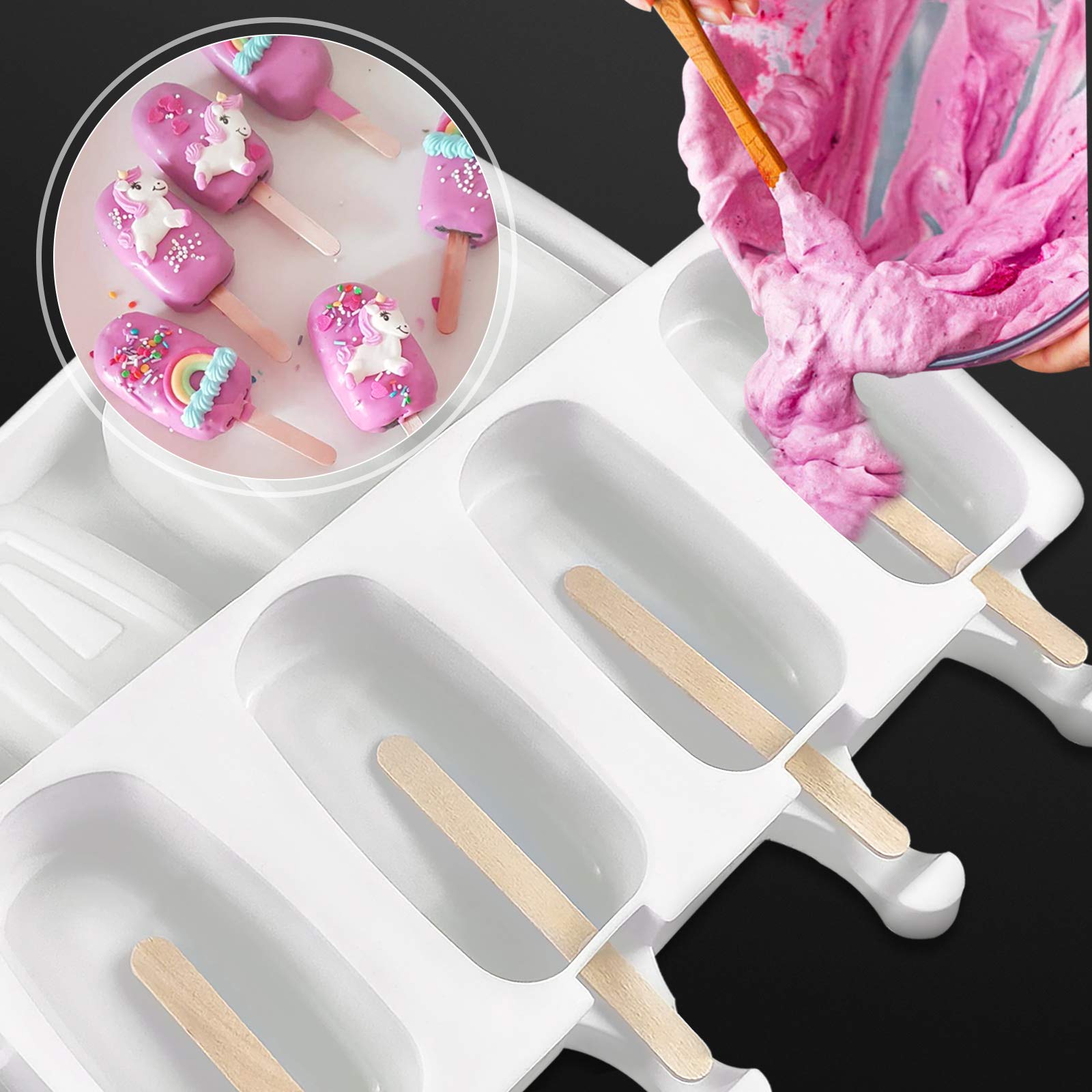 2 Pack Reusable Food Grade Silicone Popsicle Molds - Large 3D Ice Cream, Candy, Cakesicle & Chocolate Molds for Baking DIY Frozen Treats with 100 Wooden Sticks | Perfect for Summer Desserts, Kids Snacks & Party Favors