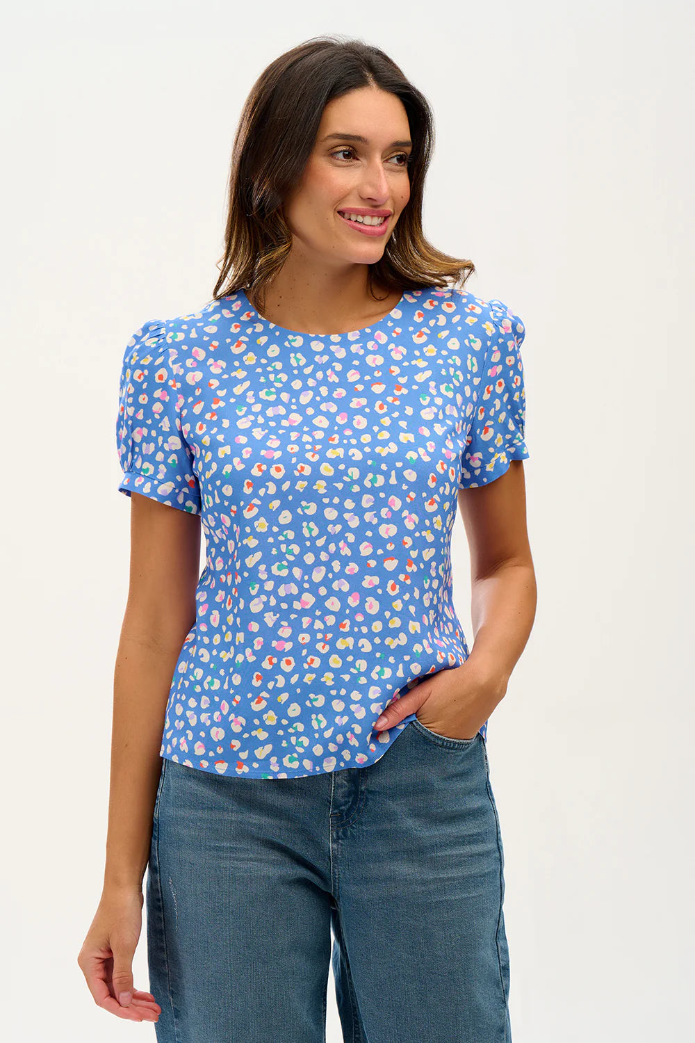 Lucinda Top - Blue & Rainbow Leopard Print Women's Blouse for Casual Wear, Party & Date Night Outfits