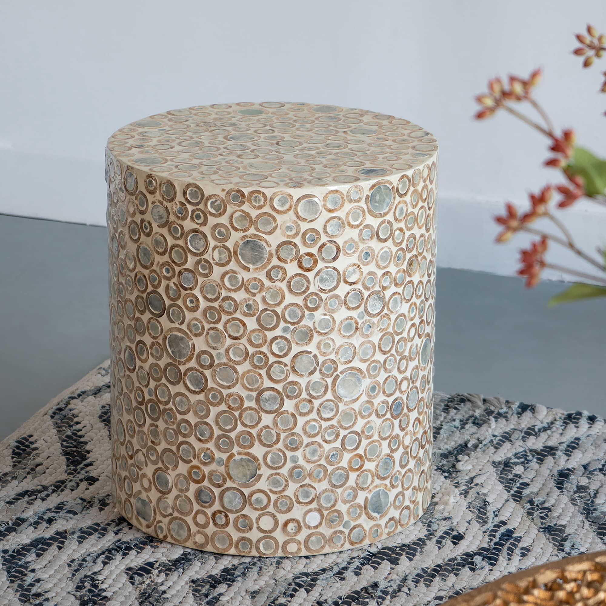 Mother of Pearl End Table - Cream Capiz Stool for Living Room Decor