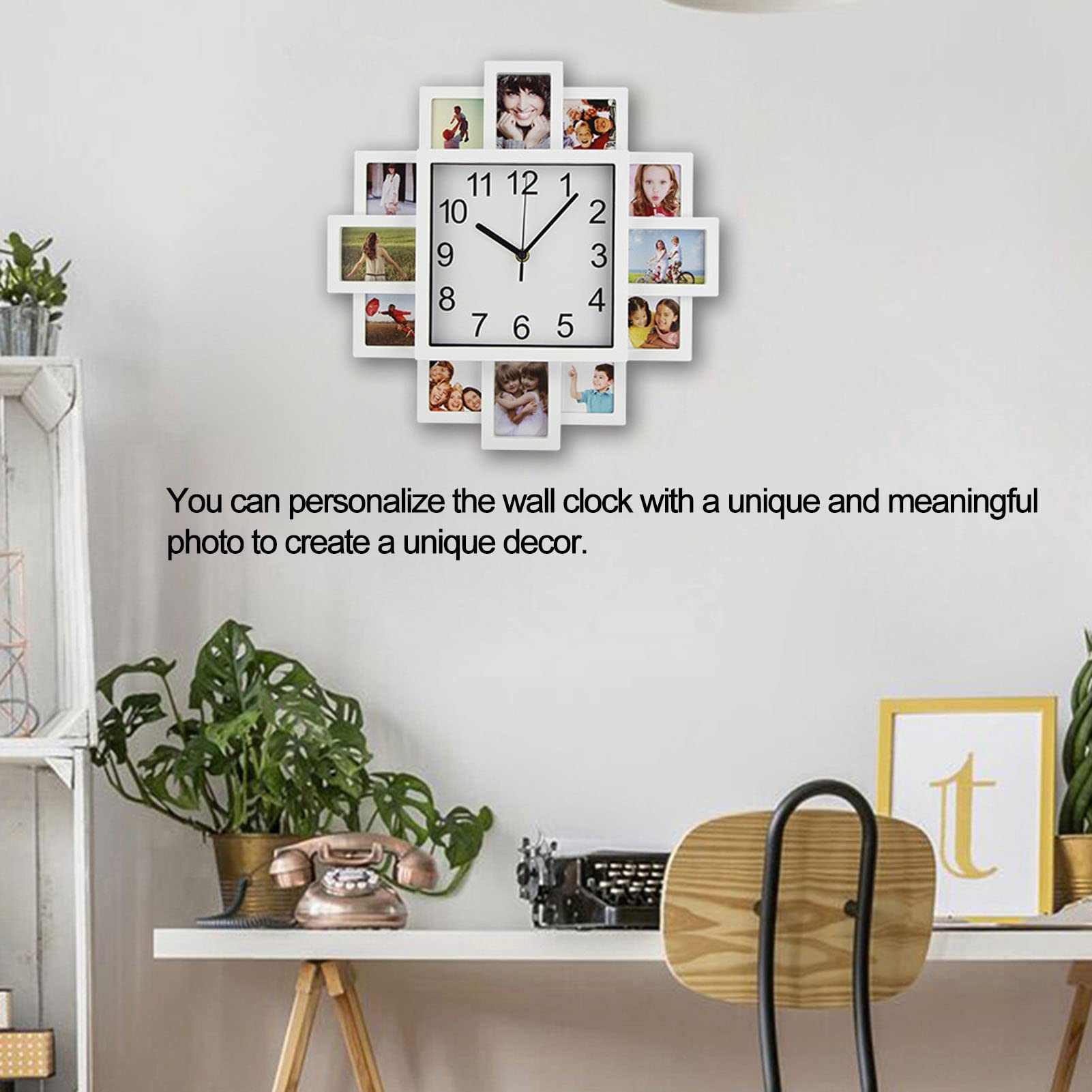 EBTOOLS 15.35 Inch White Photo Frame Wall Clock - DIY Customizable Multi Photo Clock for Home Decor | Perfect for Living Room, Bedroom & Office Wall Decor | Create Personalized Memories with Family Photos