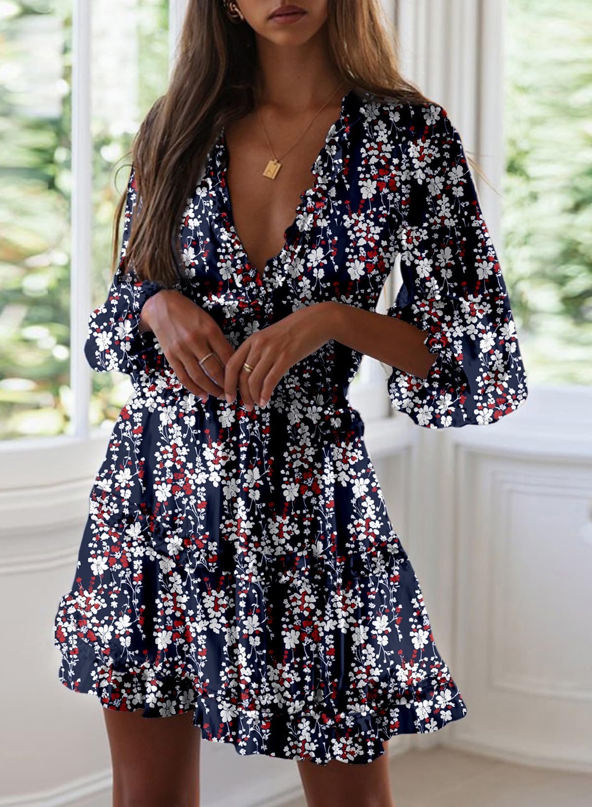 Dokotoo Women's Deep V Neck Long Sleeve Backless Floral Ruffle Mini Dress - Spring Summer 2025 Flowy Party Cocktail Dress for Date Night & Beach Vacation