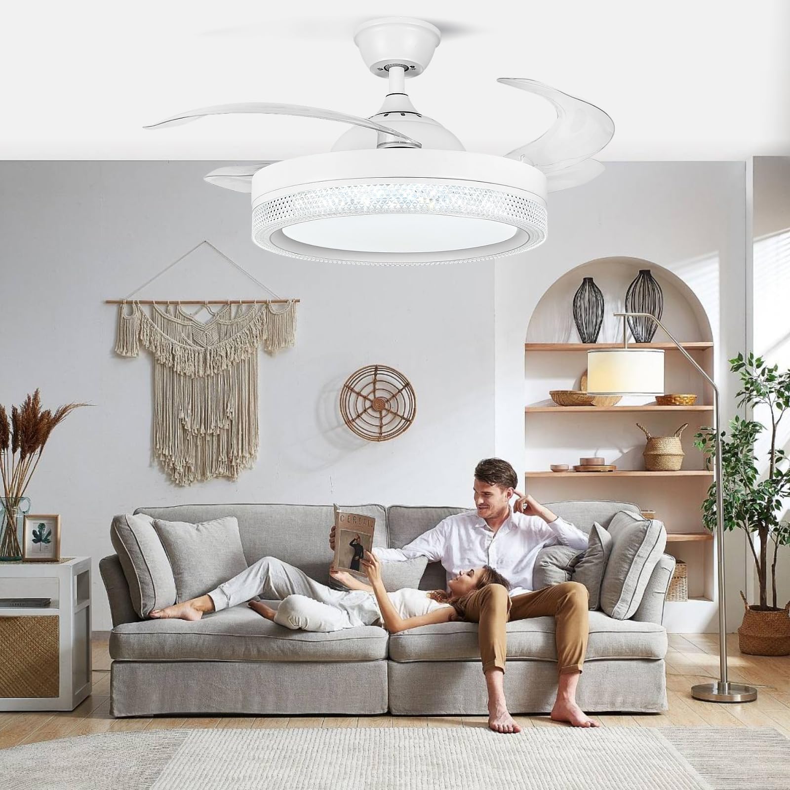 HOREVO 42 Inch Retractable Ceiling Fan with LED Lights, Bluetooth Speaker & Remote - Color Changing Dimmable Invisible Blade Chandelier Fan for Bedroom, Living Room & Outdoor Patio
