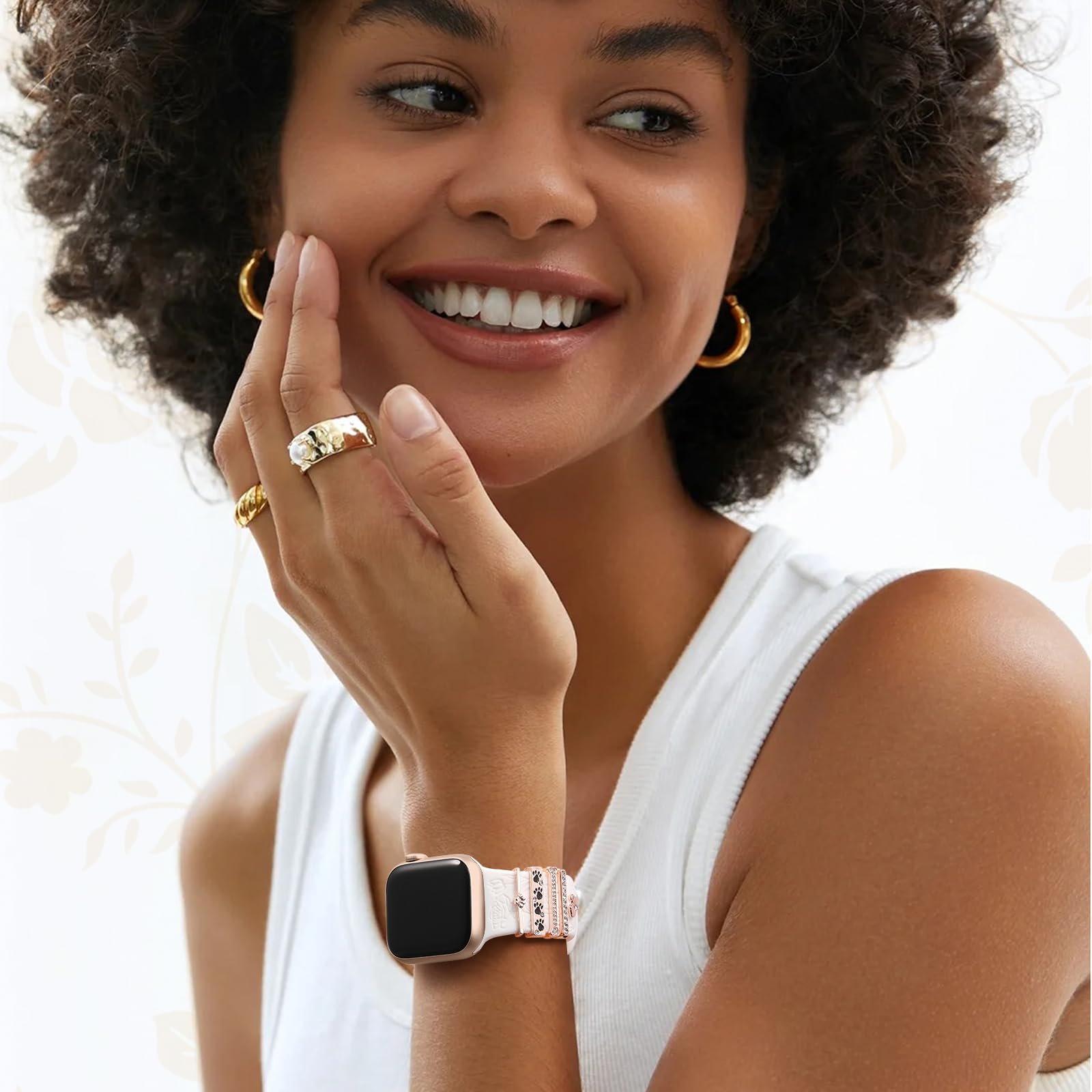 DaQin Floral Engraved Apple Watch Band - Soft Silicone Strap with Charms for Women - Compatible with iWatch Series 9/8/7/6/5/4/3/2/1/SE (38mm/40mm/41mm/42mm/44mm/45mm) - Perfect for Workouts, Office Wear & Fashion Accessories
