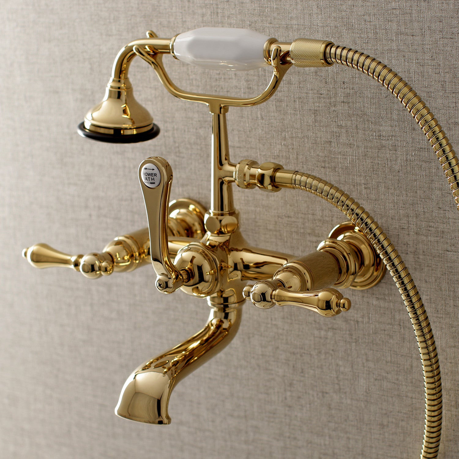 Vintage AE551T2 Polished Brass 3-Handle Wall Mount Clawfoot Tub Faucet with Hand Shower - Perfect for Bathroom Renovation & Luxury Spa Experience