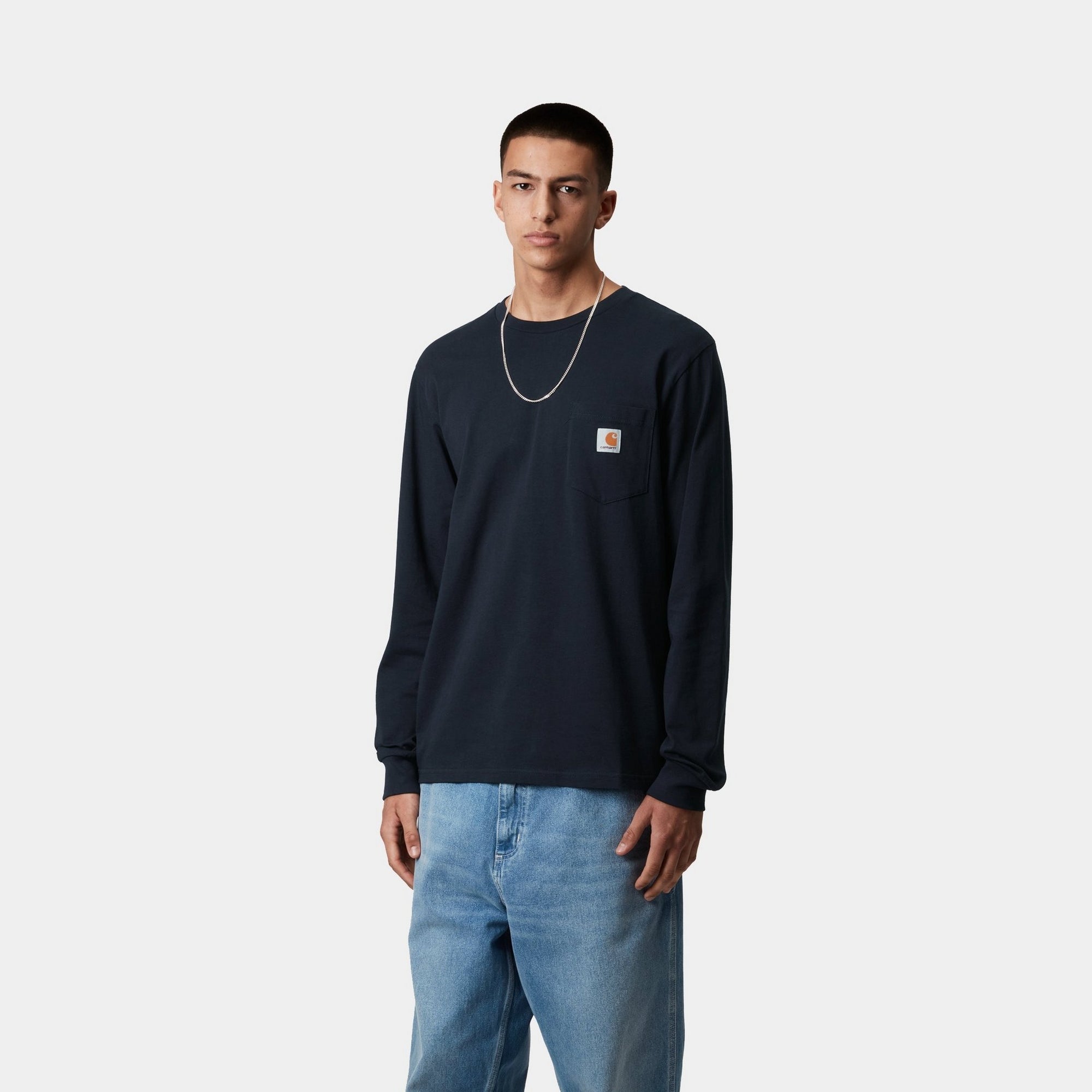 Long Sleeve Pocket T-Shirt for Men - Comfortable Cotton Crewneck Casual Shirt in Dark Navy | Perfect for Everyday Wear, Work & Outdoor Activities