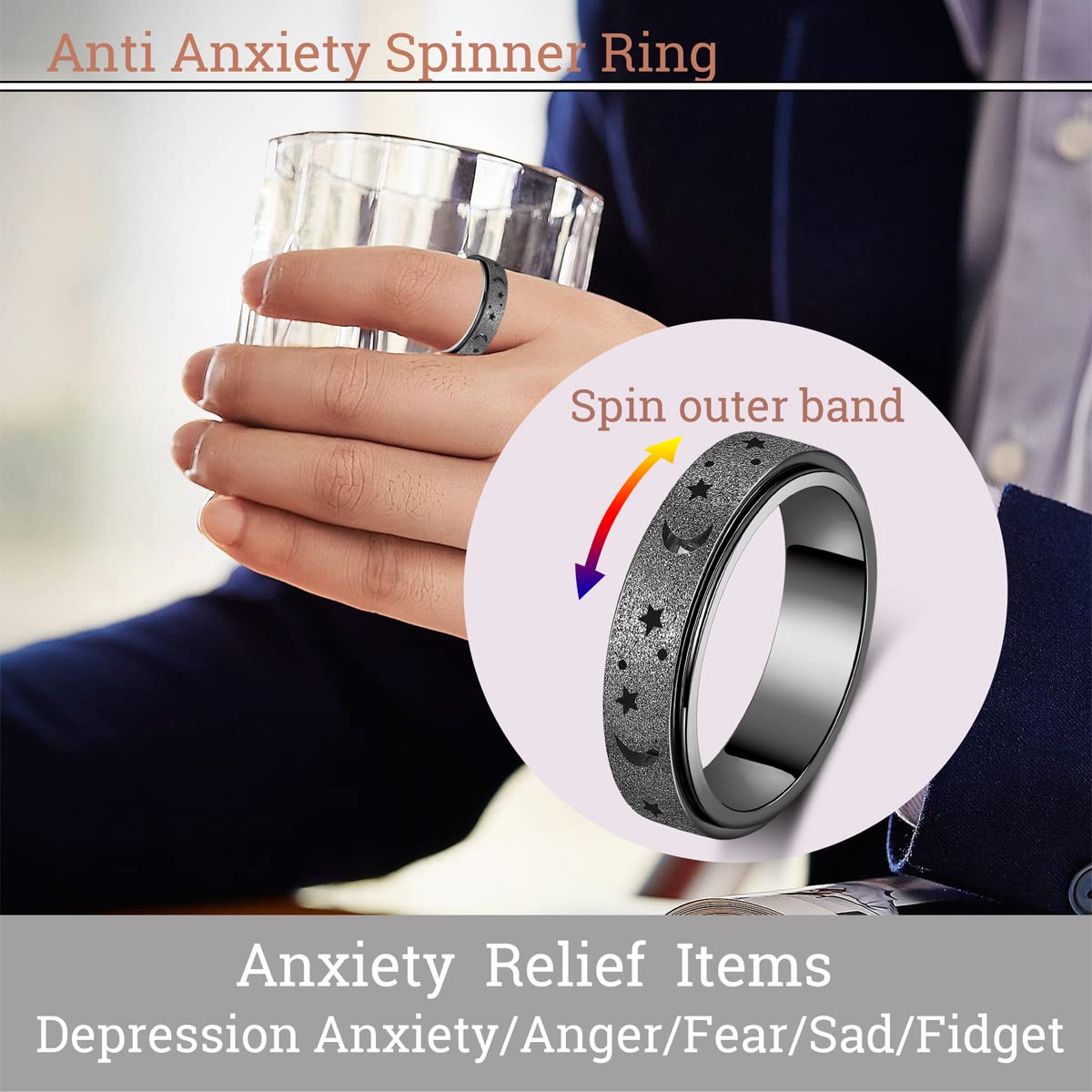 OreilleStar Anxiety Spinner Ring for Women & Men - Stainless Steel Fidget Ring for Stress Relief, Anxiety, and ADHD - Moon Star Black (Size 9) - Perfect for Office, Travel, and Daily Relaxation