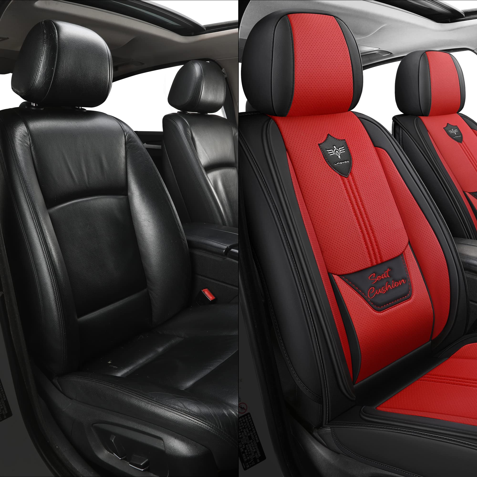 Premium LINGVIDO Leather Car Seat Covers - Universal Fit for Cars, SUVs & Trucks - Breathable Automotive Seat Protectors (Black & Red Front Set) | Perfect for Daily Commute, Road Trips & Vehicle Protection