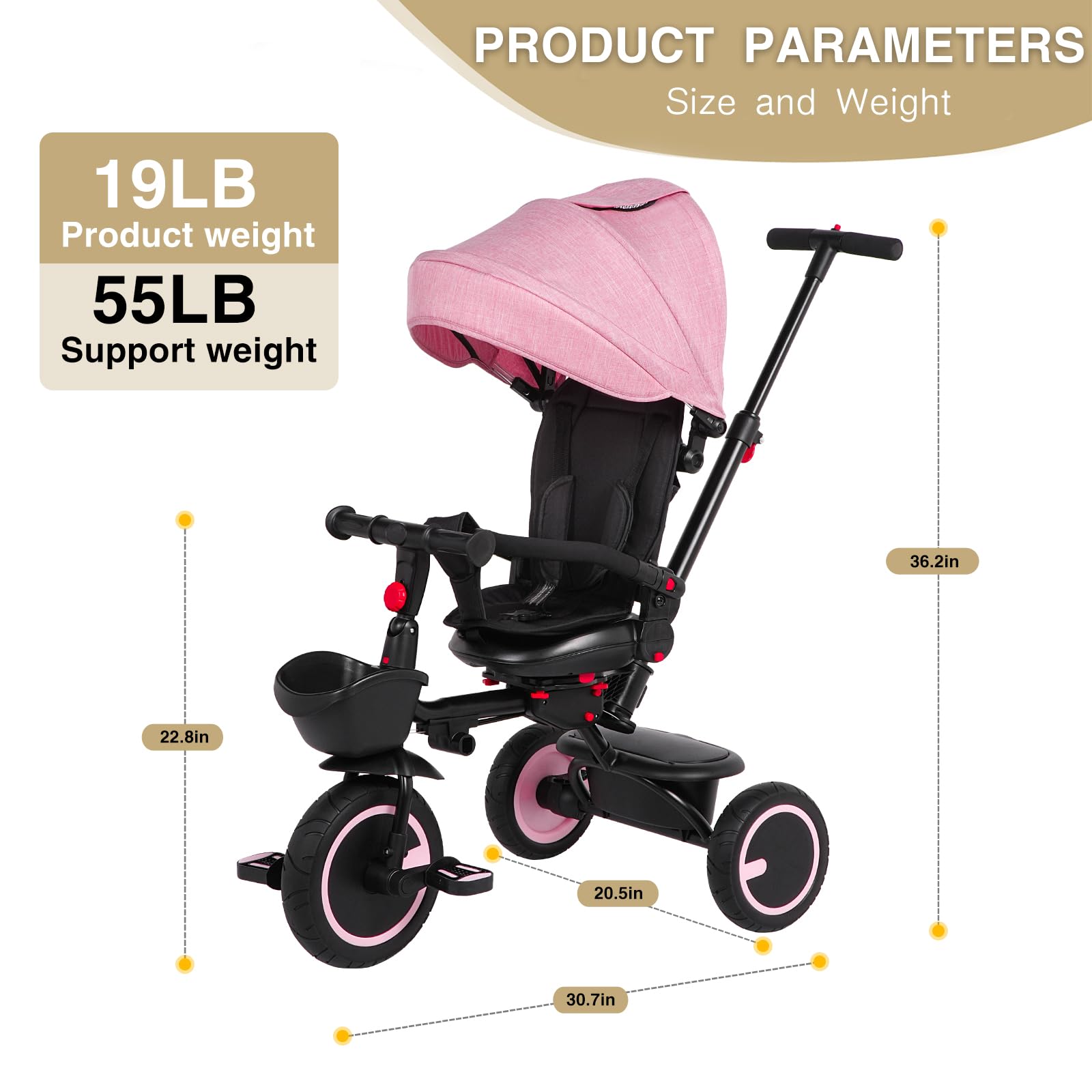 6-in-1 Foldable Baby Tricycle with Adjustable Canopy & Safety Harness - Convertible Toddler Bike for 7 Months to 5 Years Old Boys & Girls - Perfect for Outdoor Play, Park Rides & Learning Balance