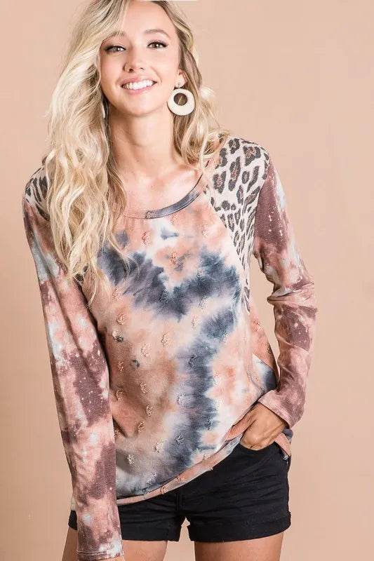 BiBi Tie Dye Distressed Knit Top with Leopard Shoulder - Trendy Women's Vintage Style Sweater for Casual Outings & Streetwear Fashion