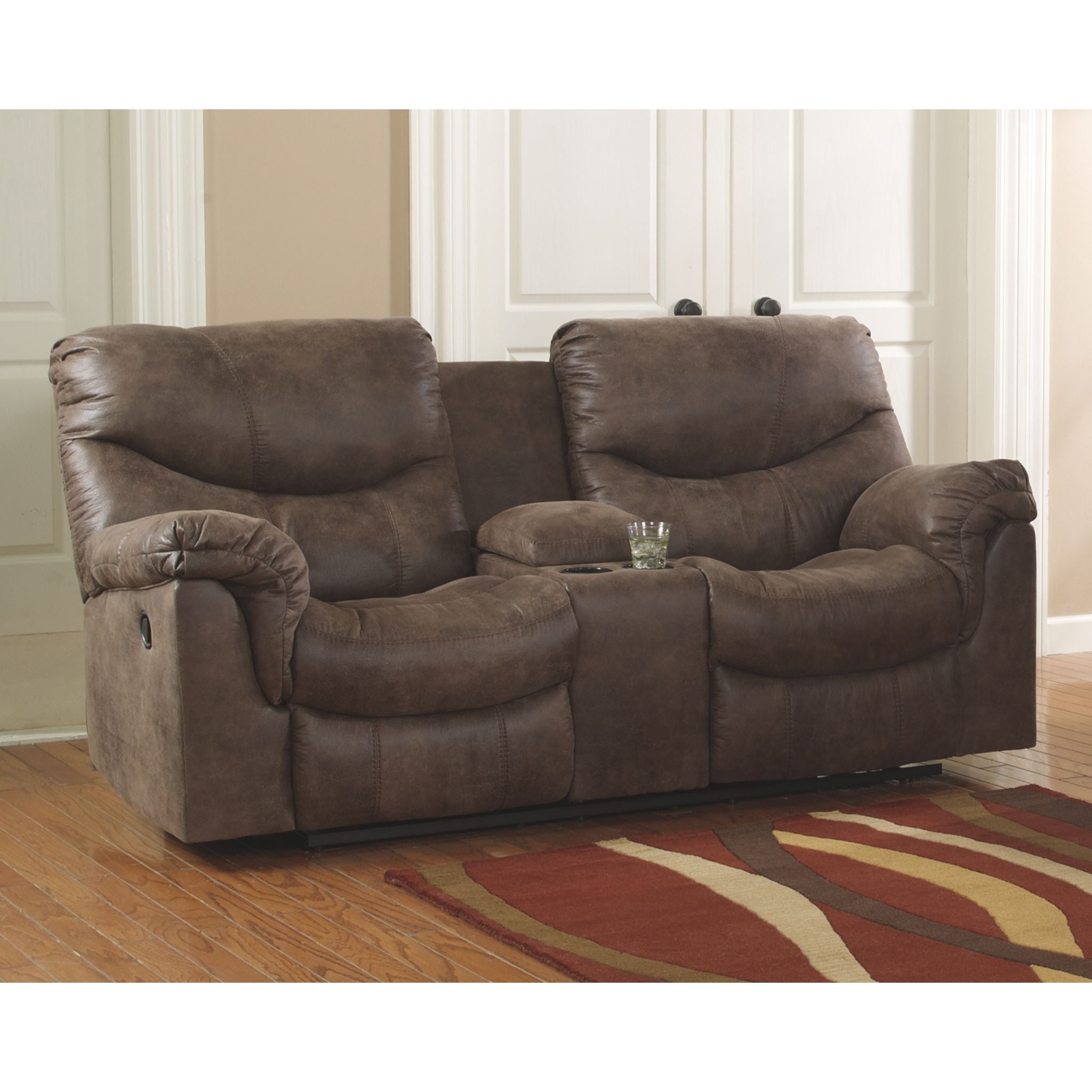 Alzena Reclining Loveseat with Console in Gunsmoke - Modern Living Room Furniture for Small Spaces, Perfect for Apartments & Home Theater Seating