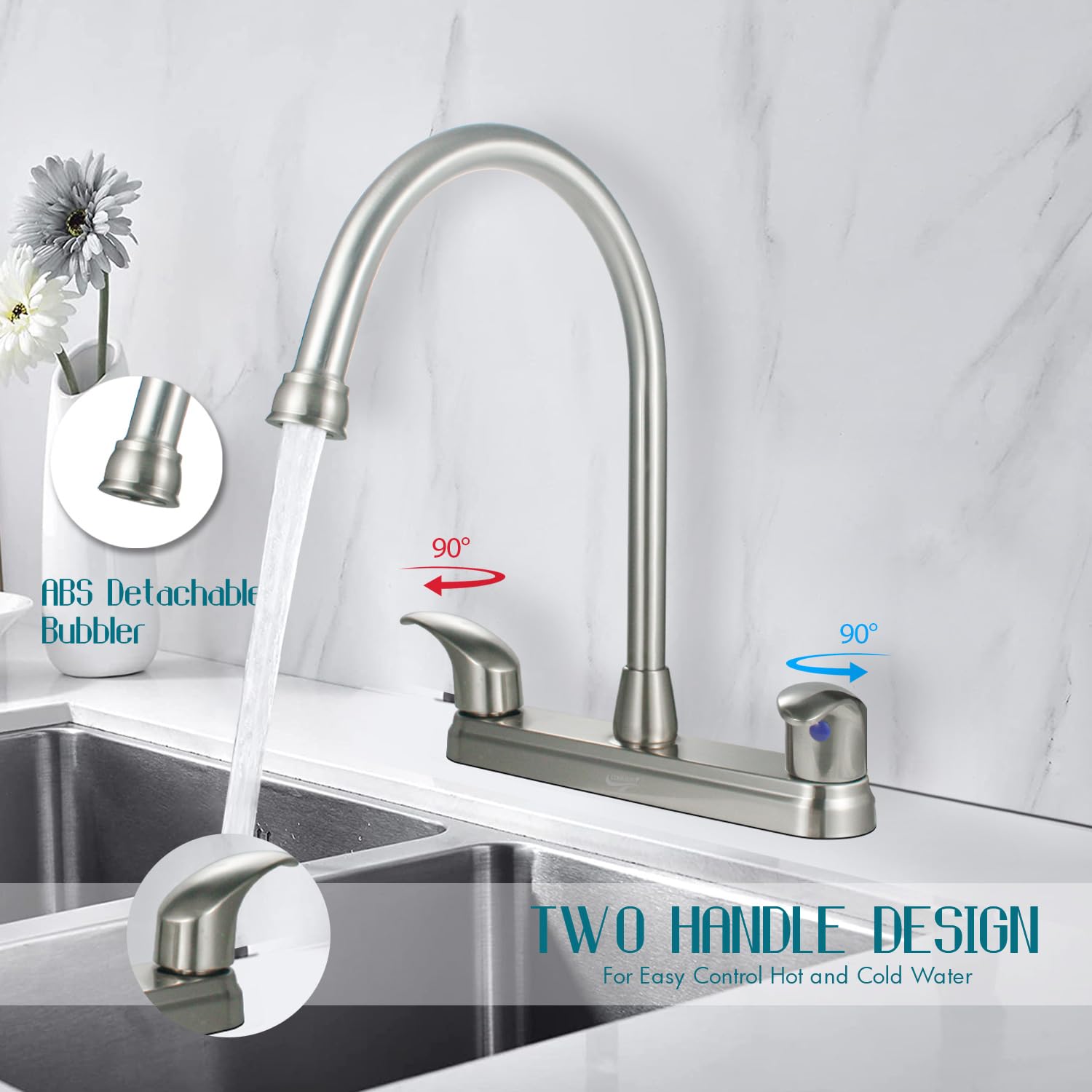 2 Handle High Arc Swivel Kitchen Faucet - Brushed Nickel Stainless Steel Sink Faucet with Solid Brass Construction - Perfect for Modern & Commercial Kitchens (Model CV-80100-2)
