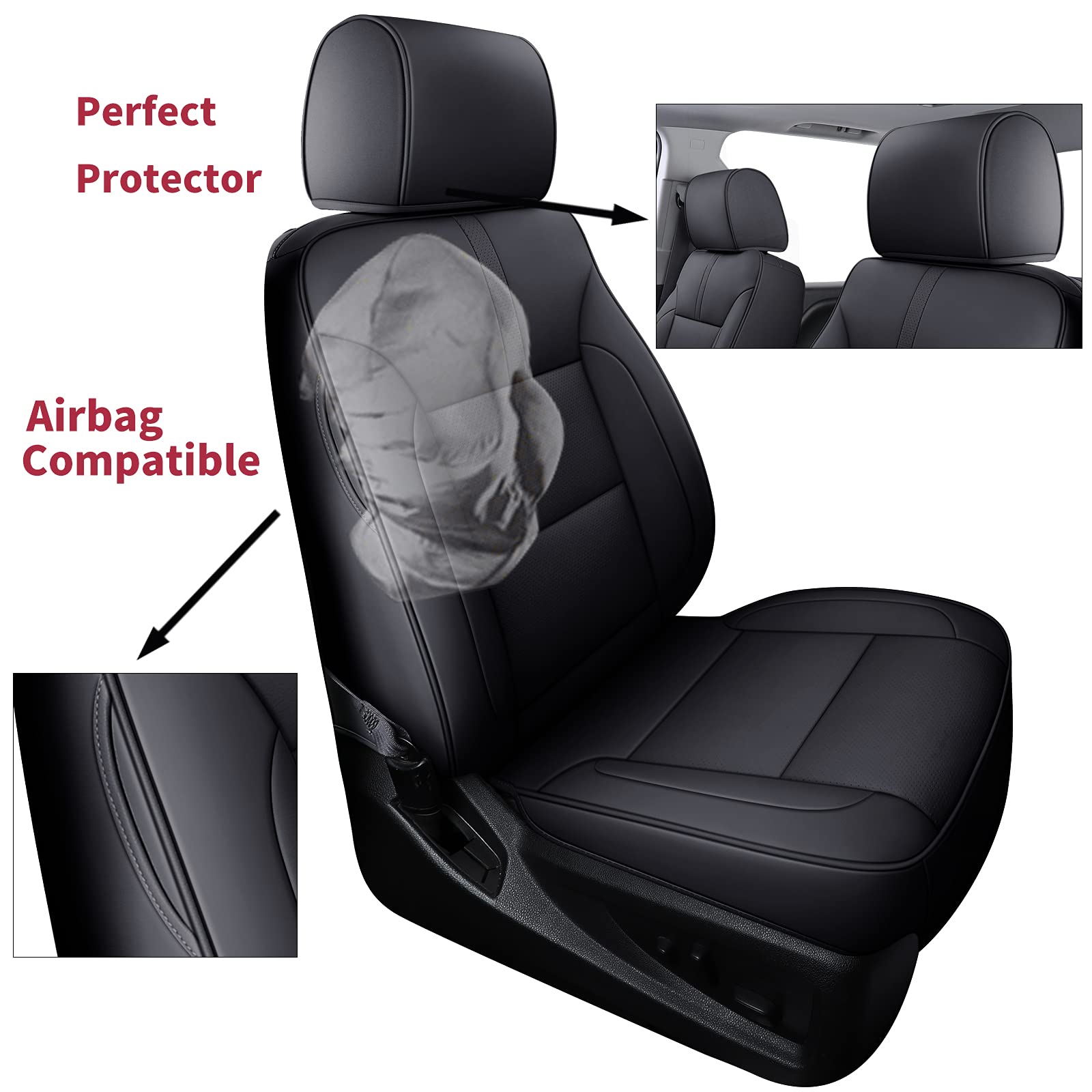 Premium Faux Leather Seat Covers for Chevy Silverado & GMC Sierra (2007-2025) - Full Set Custom Fit for 1500/2500HD/3500HD Crew & Extended Cab - Durable Black Car Seat Protectors for Daily Commute & Road Trips