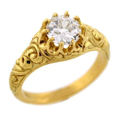 Victorian Style 18kt Gold Repousse Diamond Ring - 0.98 Carat Diamond Engagement Ring for Women, Perfect for Weddings, Anniversaries & Special Occasions