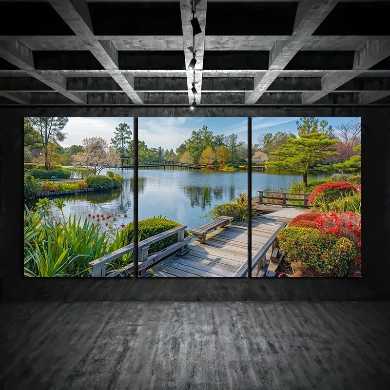 3-Piece Japanese Style Garden Metal Wall Art Prints - Ready to Hang Landscape Decor for Living Room, Bedroom & Office