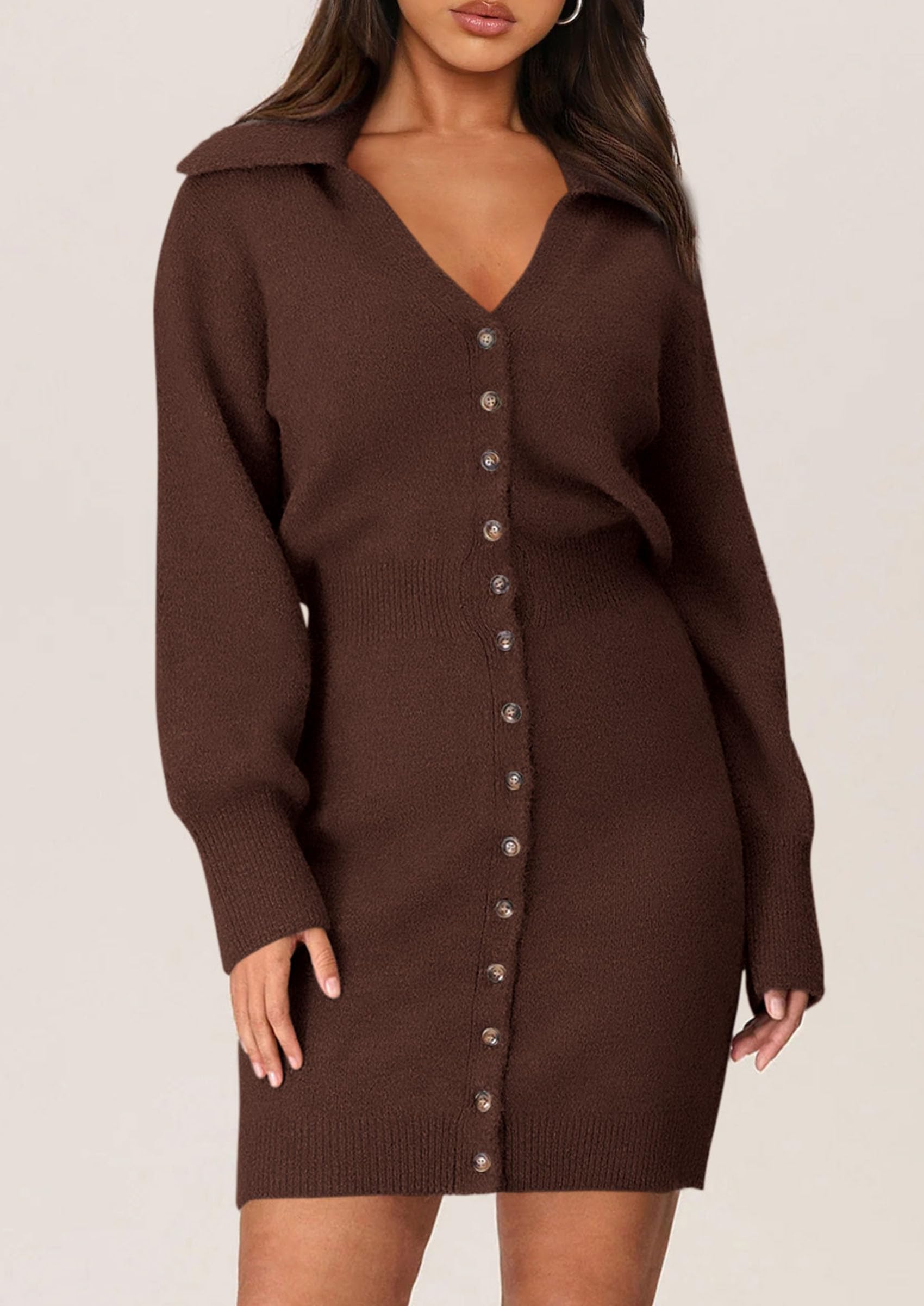 PRETTYGARDEN Women's 2025 Trendy Long Sleeve Button Down Sweater Dress - Spring Short Knit Dress for Casual Outings & Office Wear