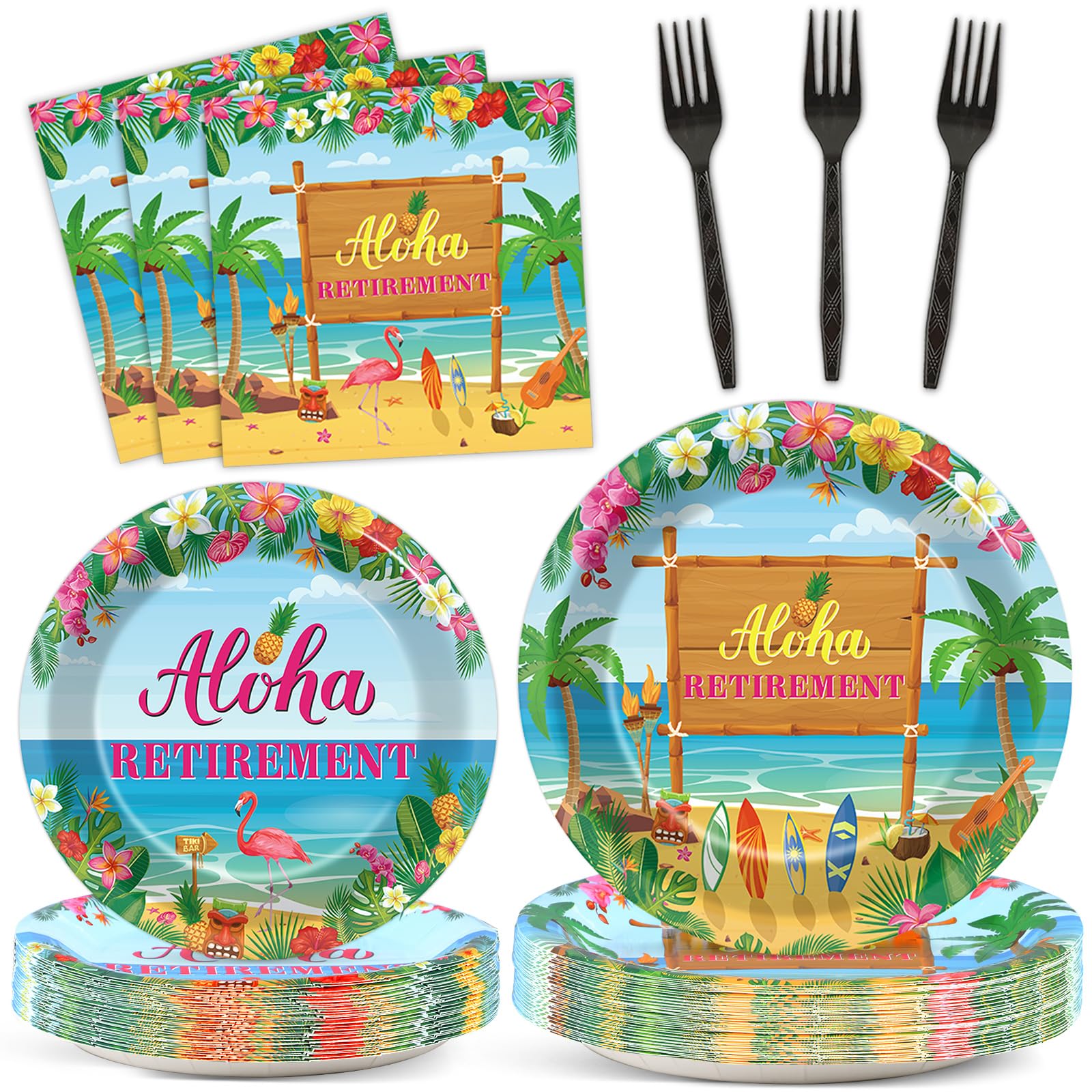 Tropical Hawaiian Luau Retirement Party Supplies - 24-Pack Disposable Paper Plates & Napkins for Beach Theme, Summer Aloha & Happy Retirement Celebrations | Perfect for Luau Parties, Beach Gatherings & Retirement Sendoffs