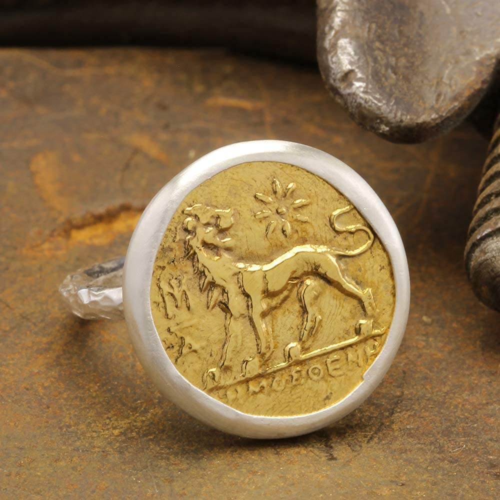 Caprixus 925 Sterling Silver Lion Coin Signet Ring for Women - 24K Gold Vermeil Two Tone Handmade Hammered Pinky Ring - Turkish Fine Jewelry for Everyday Wear & Special Occasions