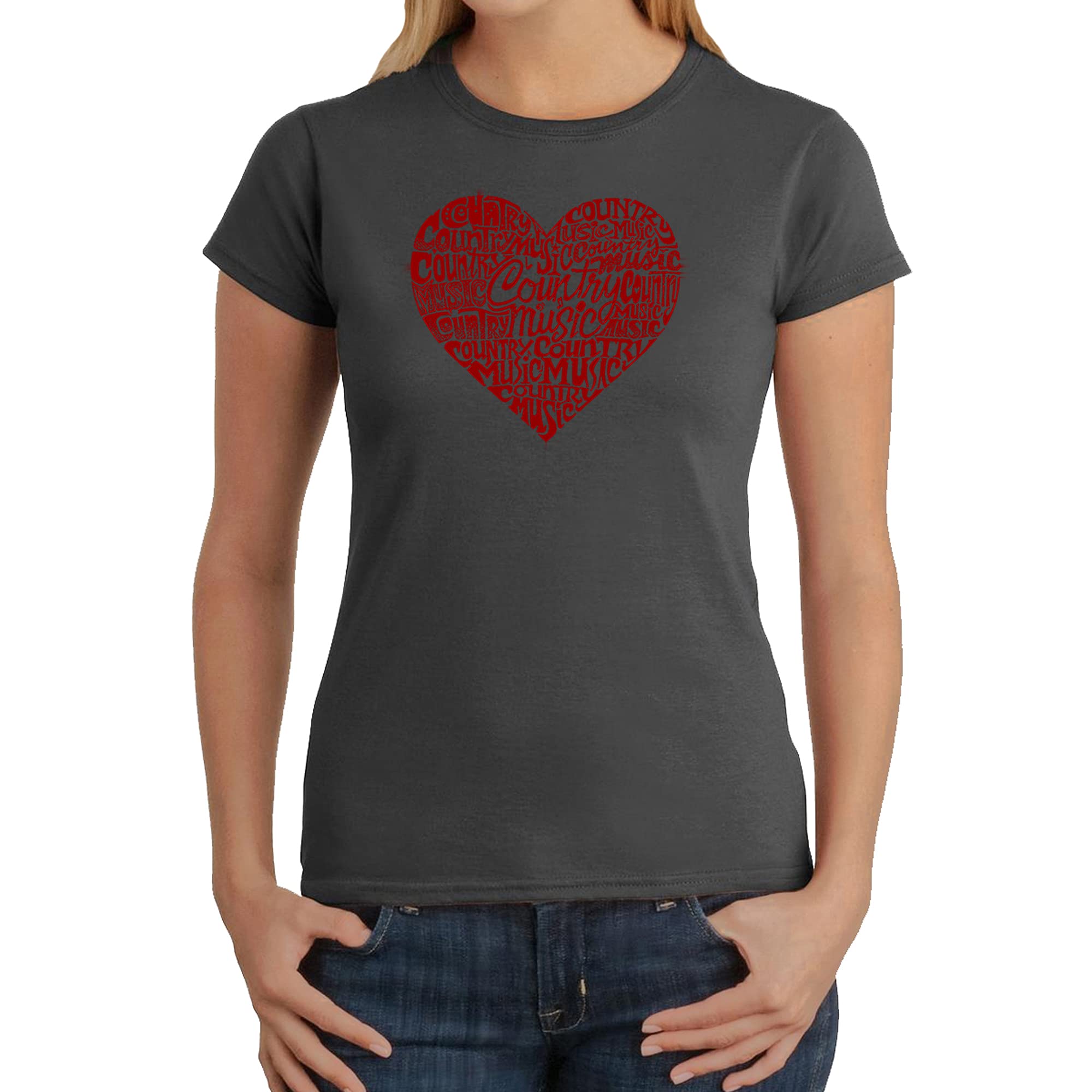 LA POP ART Women's Word Art T-Shirt - Country Music Heart Graphic Tee for Concerts & Casual Wear | Vintage Inspired Music Lover Gift