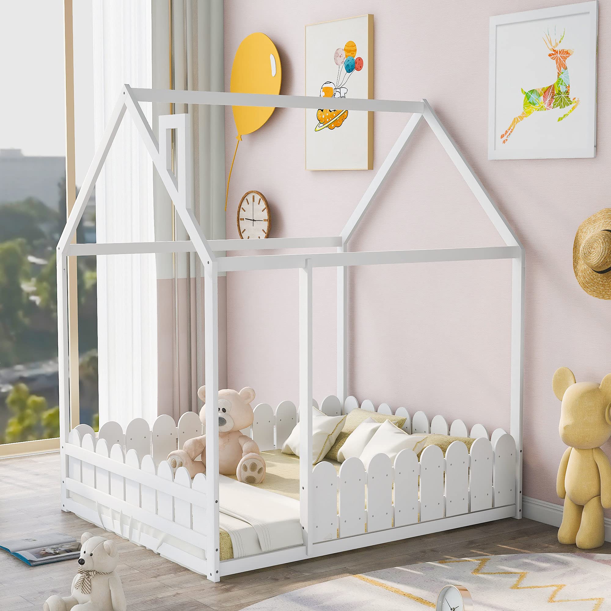 **Kids House Bed with Fence-Shaped Guardrails - Twin Size Floor Bed for Toddlers, Teens, Boys & Girls - High Weight Capacity - Full White - Perfect for Bedrooms, Playrooms & Montessori Spaces**