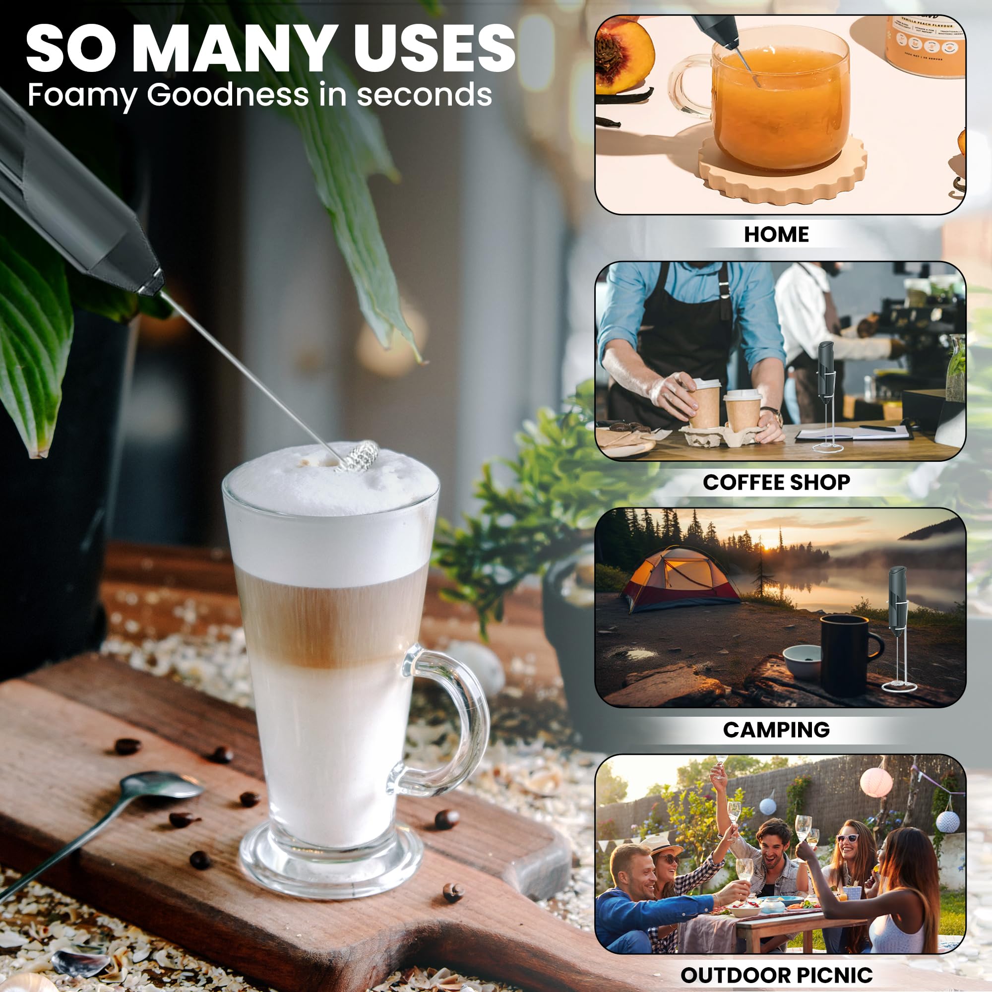 Electric Milk Frother Wand with Stand - Battery Operated Handheld Drink Mixer for Coffee, Latte & Cappuccino - Perfect for Home, Office & Cafe Use