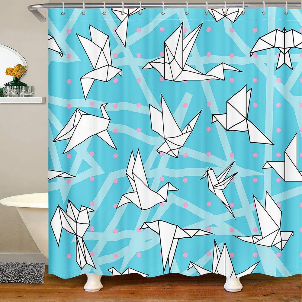 White Cartoon Thousand Paper Cranes Waterproof Shower Curtain - 72x72 Inch Washable Bathroom Curtain with Hooks - Perfect for Kids' Rooms, Japanese-Themed Bathrooms & Spa Decor