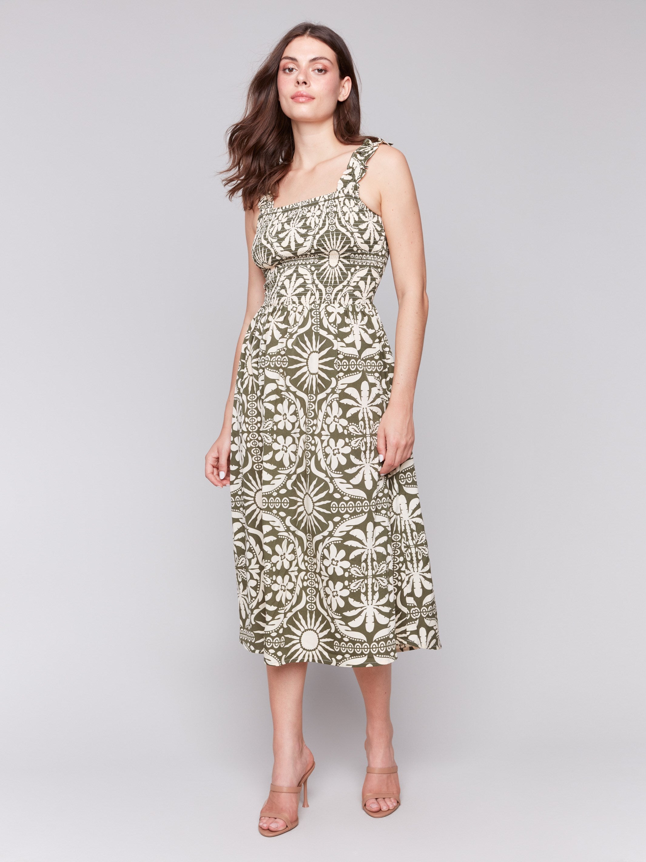 Printed Sleeveless Midi Dress with Shirring Detail in Celadon Green - Perfect for Summer Weddings, Beach Vacations & Casual Outings