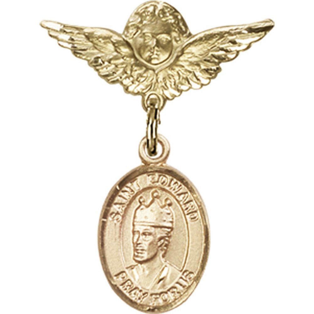 Gold Filled Baby Badge Pin with St. Edward The Confessor Charm & Angel Wings - 1 X 3/4 Inch - Perfect for Christening Gifts, Baby Showers & Religious Keepsakes