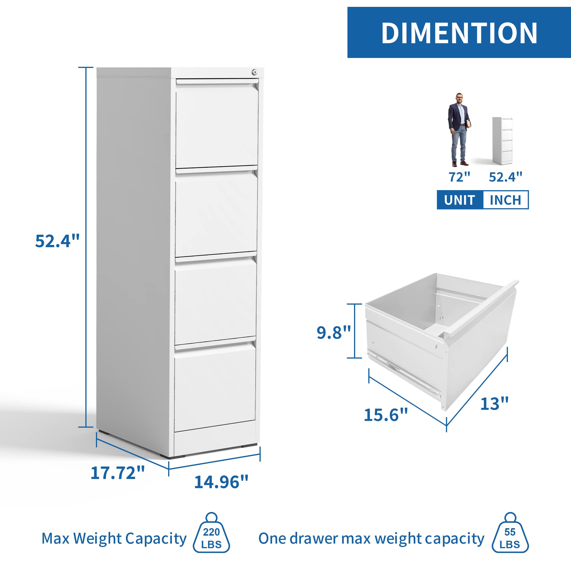 4-Drawer Vertical File Cabinet with Lock - White Hanging File Organizer for A4, Legal & Letter Size Documents - Perfect for Home Office & Workspace Organization