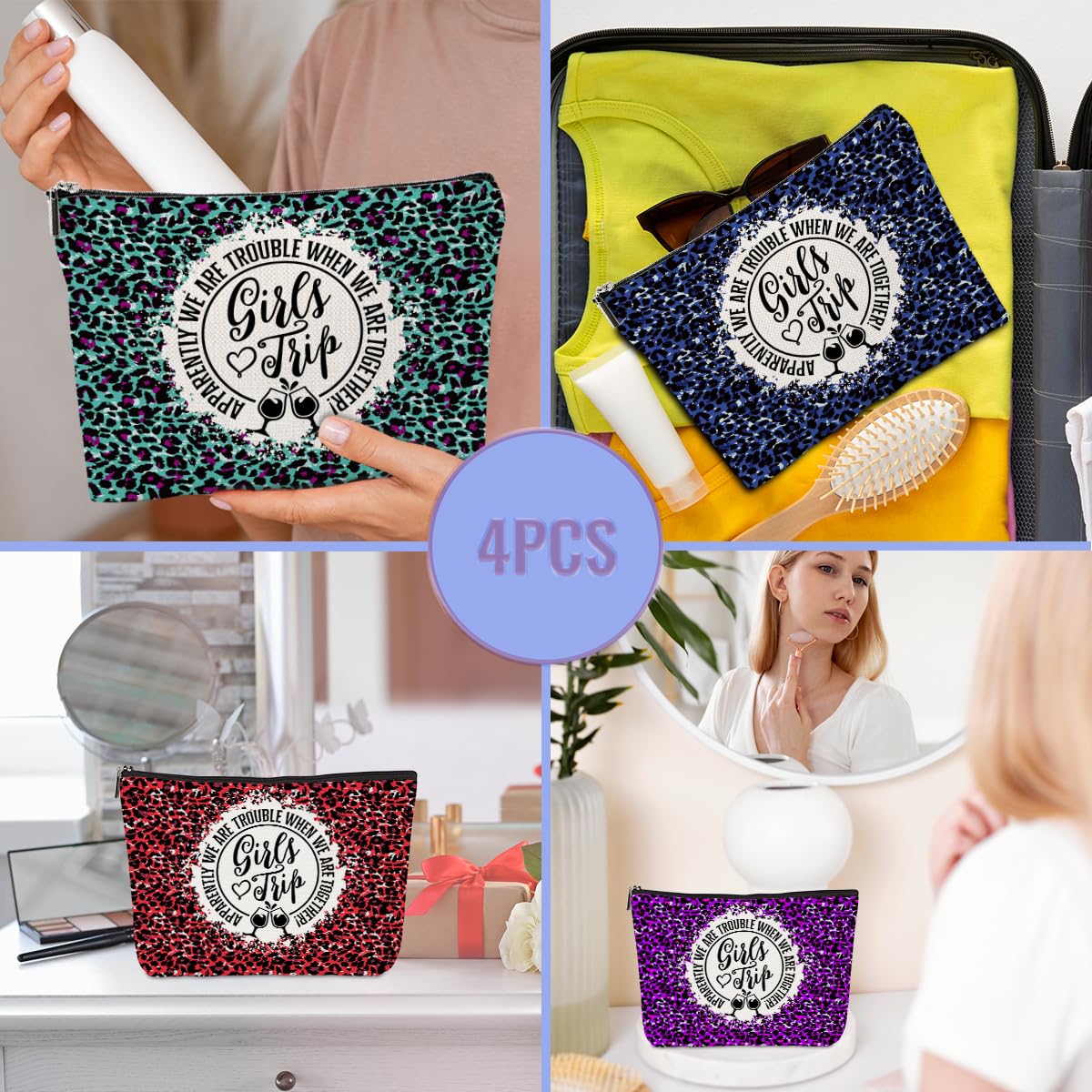 4 Pcs Girls Trip Makeup Bags - Cute Cosmetic & Toiletry Bags for Women, Perfect for Bachelorette Parties, Bridesmaid Gifts, Birthday & Friendship Presents - Ideal for Weekend Getaways, Summer Vacations & Travel Essentials (2024 Collection)