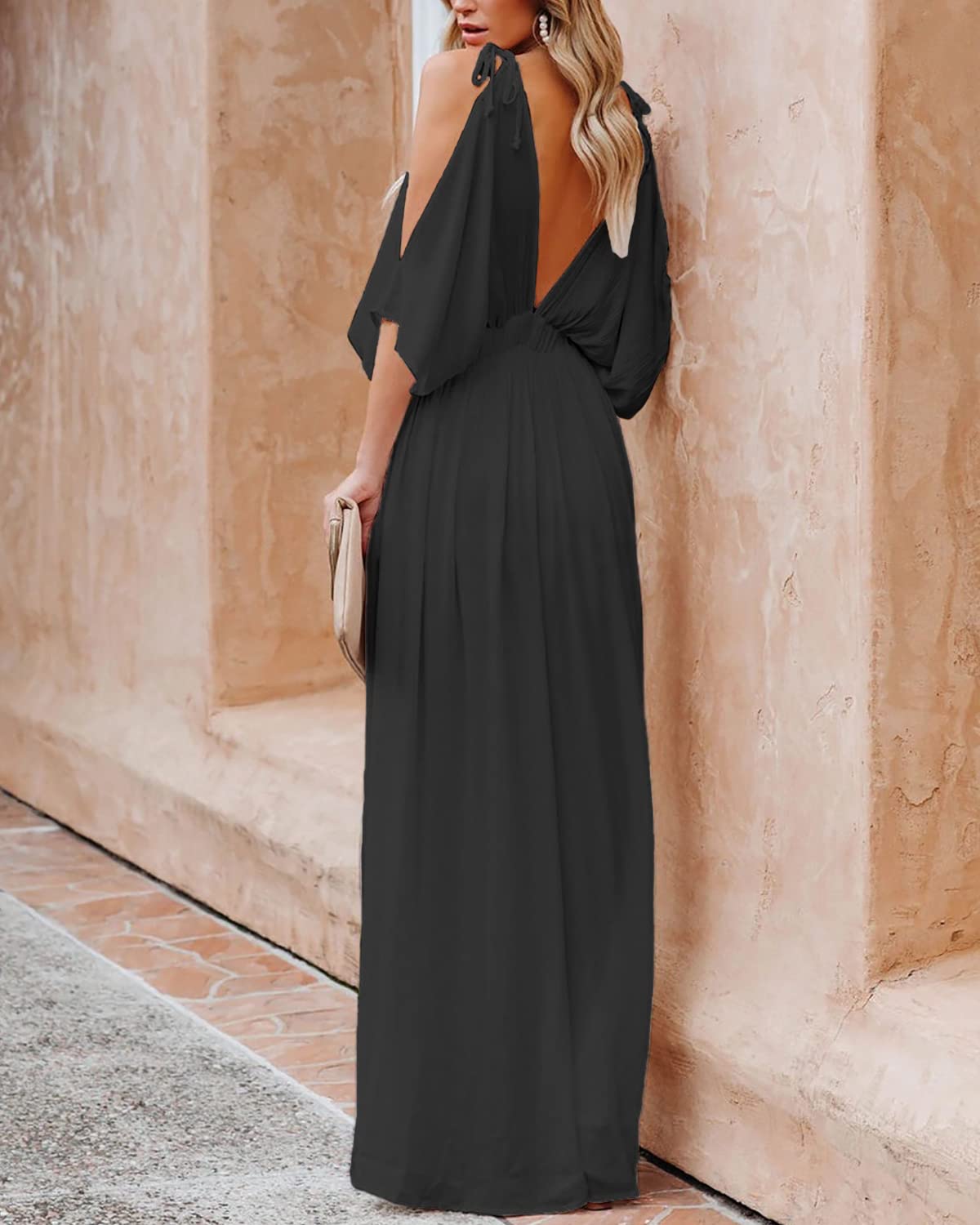 DEEP SELF Women's Summer V-Neck Cold Shoulder Short Sleeve Maxi Dress - High Waist Split Long Dress for Wedding Guest, Beach Party & Date Night