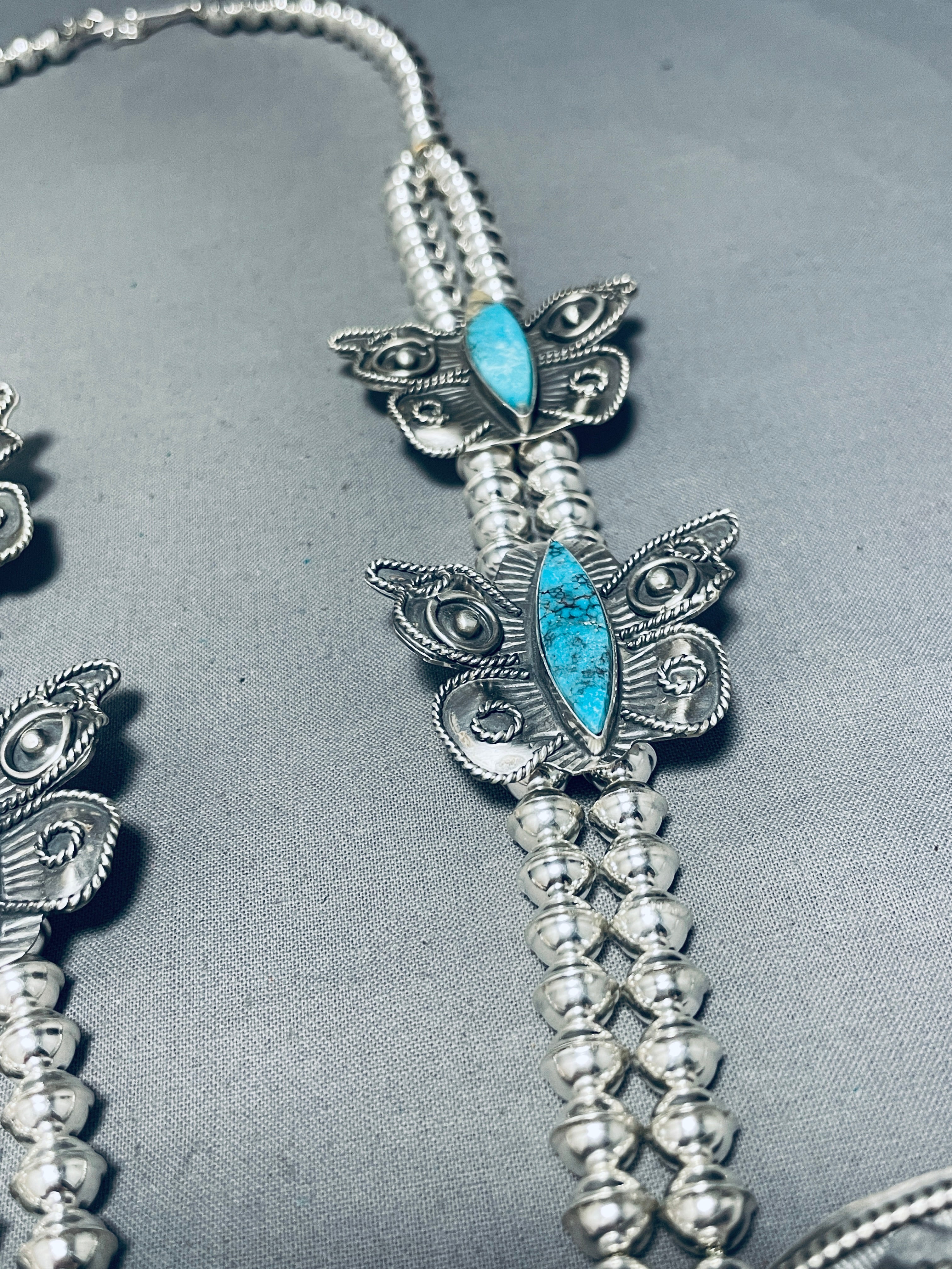 203 Grams Authentic Navajo Sterling Silver Squash Blossom Necklace with Natural Turquoise - Handmade Native American Jewelry for Women, Perfect for Weddings, Ceremonies and Boho Fashion